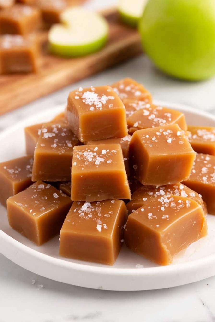 Apple Cider Caramels, fall caramel treats, homemade caramel candies, spiced caramel recipes, cozy autumn sweets - The image shows a pile of soft caramel squares stacked in a small white dish, each piece smooth and shiny with a light brown color. The tops of the caramel pieces are sprinkled with coarse white sea salt crystals, adding a rough texture that contrasts with the smooth caramel. The background features a white marbled surface that brightens the scene. Photo taken with an iphone --ar 2:3 --v 7