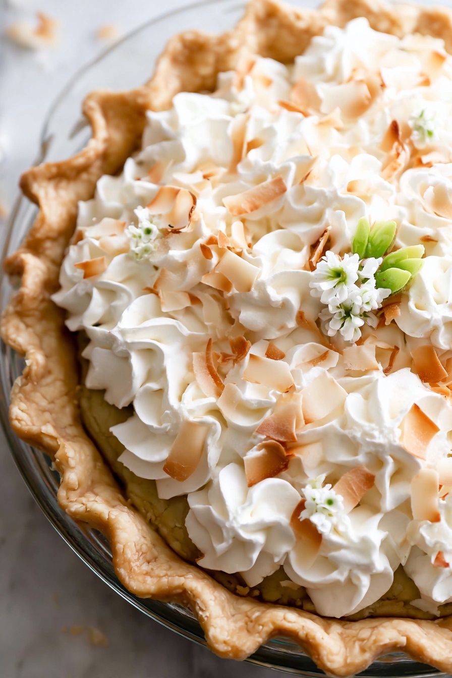 Homemade Coconut Cream Pie, coconut cream pie, tropical dessert, coconut pie recipe, easy coconut pie - This image shows a close-up of a pie in a clear glass dish with a golden brown crust that has a slightly crimped edge. The top layer of the pie is covered with white whipped cream swirls arranged closely together, sprinkled with large toasted coconut flakes that are light brown around the edges. There is a small cluster of tiny white flowers with green leaves placed near the crust as decoration. The dish is set on a white marbled surface. photo taken with an iphone --ar 2:3 --v 7