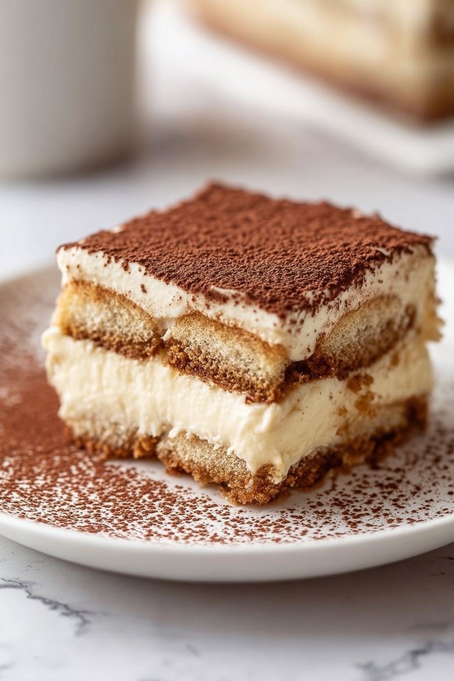 Easy Classic Tiramisu, Italian dessert, homemade tiramisu, simple tiramisu recipe, creamy coffee dessert - A close-up of a square piece of dessert with three distinct layers on a white plate with a white marbled background. The bottom layer is light brown soaked biscuit, the middle layer is creamy light yellow mascarpone cheese mixed with coffee-soaked biscuit, and the top layer is a smooth, creamy light yellow mascarpone cheese dusted heavily with fine dark brown cocoa powder that slightly spills onto the plate. photo taken with an iphone --ar 2:3 --v 7