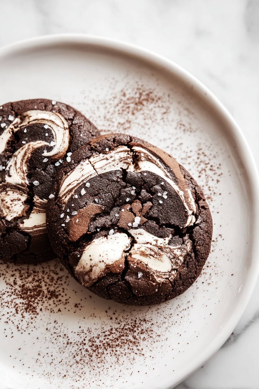 Chocolate Marshmallow Swirl Cookies, chocolate marshmallow cookies, marshmallow swirl cookies, easy chocolate cookie recipe, gooey marshmallow cookies - Two dark brown cookies with white swirls spread on top are placed on a white plate. Each cookie has cracks on its surface and some shiny salt flakes sprinkled over the top. The plate also has a dusting of dark brown powder around the edges. The background is a white marbled texture. photo taken with an iphone --ar 2:3 --v 7