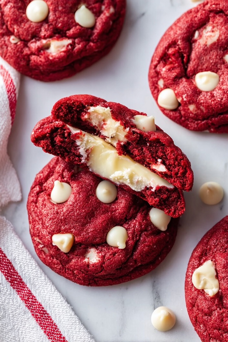 Cheesecake Stuffed Red Velvet Cookies, red velvet cookies with cheesecake filling, cheesecake stuffed cookies recipe, gooey red velvet dessert, decadent cheesecake cookies - Three thick, round red velvet cookies with white chocolate chips are placed on a white marbled surface. Each cookie has a rich red color with a soft, slightly bumpy texture and scattered white chips embedded on top. The cookies form a loose triangle shape, with a red and white striped ribbon loosely resting around them, adding a festive touch. At the top left corner, part of a white plate with a textured edge is visible, and at the top right, several gold and white measuring spoons are placed. The lighting highlights the vibrant red of the cookies and the smooth white marbled background photo taken with an iphone --ar 2:3 --v 7