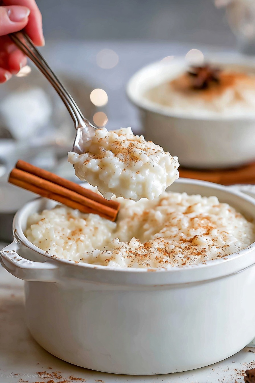 Creamy Rice Pudding with Vanilla and Cinnamon, rice pudding recipes, comforting dessert ideas, easy rice pudding, homemade rice pudding - Two white small pots filled with creamy rice pudding are placed on a wooden board on a white marbled surface. Each pot is filled with a thick layer of white, slightly textured rice pudding, topped with a sprinkle of light brown cinnamon powder. A whole cinnamon stick rests on top of the pudding in the front pot. Next to the pots are two shiny silver spoons with slender handles. In the background, some cinnamon sticks are scattered. The photo taken with an iphone --ar 2:3 --v 7