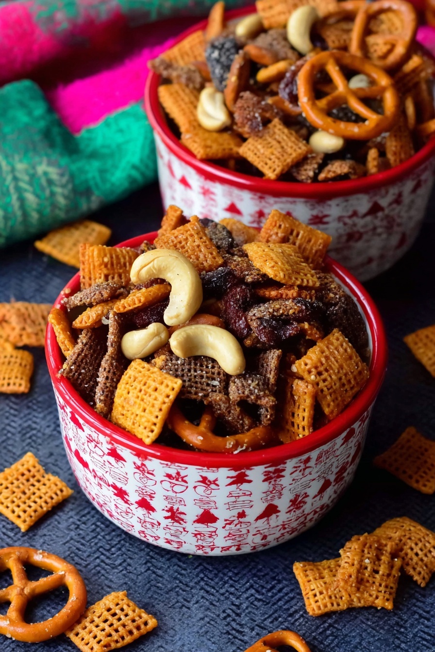 Christmas Savory Snack Mix, festive snack mix, holiday party snacks, savory holiday mix, crunchy holiday treats - Two small white bowls with red festive patterns are filled with a snack mix. The mix in the front bowl has layers of orange square crackers, light brown round pretzels with salt, light beige cashew nuts, and small dark brown pieces of cereal with a waffle-like texture. The bowl in the back contains mostly the dark brown cereal pieces, pretzels, and peanuts with a reddish-brown color. Both bowls sit on a dark navy textured surface, with some snack pieces scattered around them. A colorful cloth in green and pink hues is partially visible behind the bowls. Photo taken with an iphone --ar 2:3 --v 7