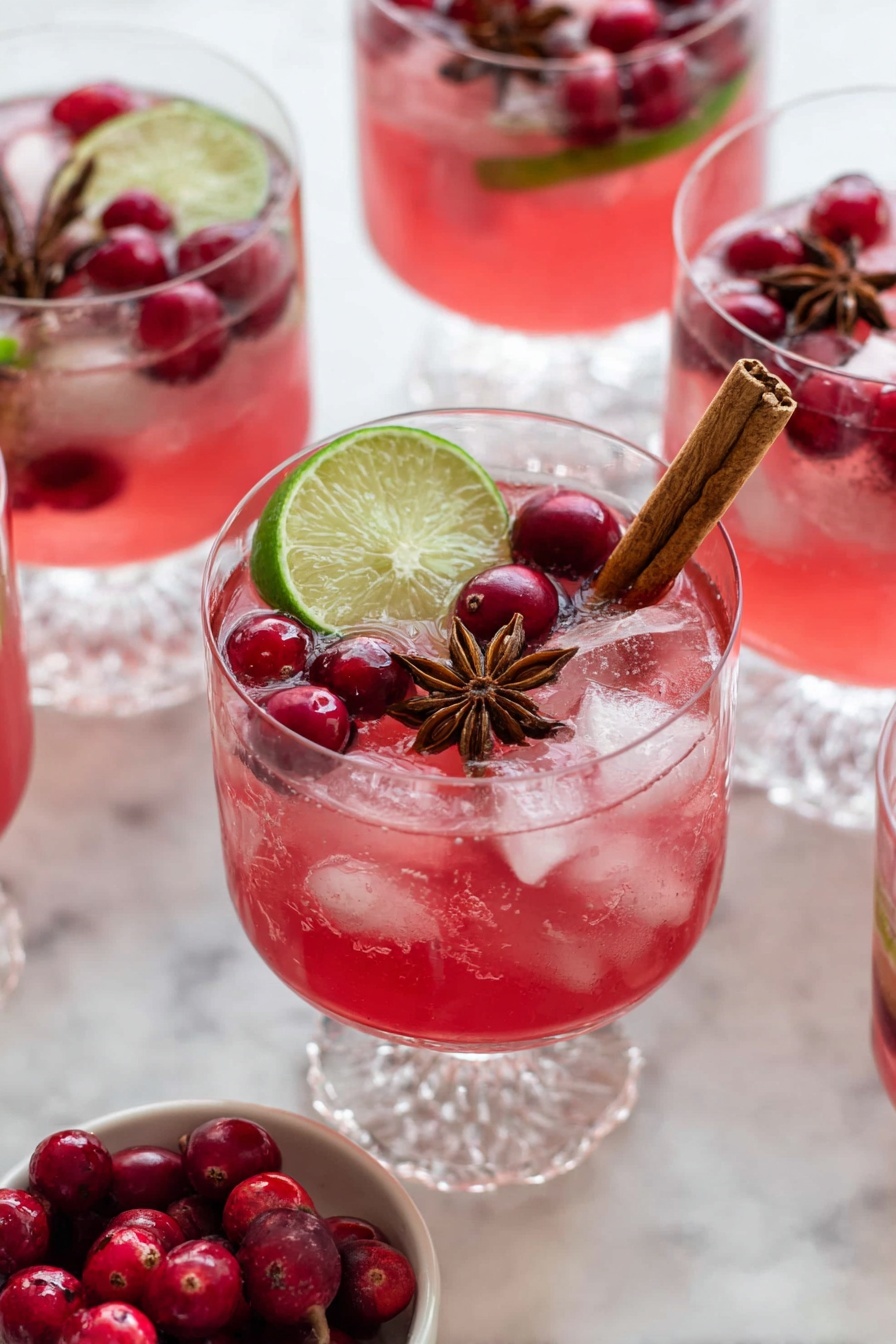 Festive Non-Alcoholic Christmas Punch, non-alcoholic holiday punch, Christmas punch recipe, holiday party drinks, easy Christmas punch - The image shows a clear glass with a short stem filled with a pink-red drink and ice cubes. On top of the drink, there is a long brown cinnamon stick placed diagonally, a green lime wedge on the rim, several bright red cranberries, and a star anise for decoration. Around the main glass, there are other similar glasses filled with the same pink-red drink, ice cubes, and garnishes like cranberries, cinnamon sticks, and lime slices. In the lower part of the image, there is a small white bowl filled with fresh red cranberries. All the glasses and bowl are set on a white marble surface. photo taken with an iphone --ar 2:3 --v 7