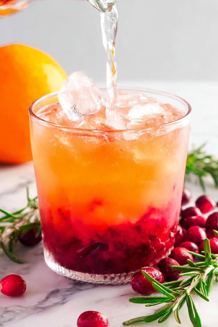 Christmas Cranberry Sparkling Punch, festive holiday punch, cranberry sparkling punch, holiday drink recipes, easy Christmas punch - The image shows a short clear glass filled with bright red and orange drink layers, ice cubes on top, and a clear liquid being poured in from above. The bottom layer is a deep red with some crushed berries visible inside, while the top layer is a lighter orange that fades upward. Around the glass on the white marbled surface are fresh red berries and sprigs of green rosemary. A whole bright orange is slightly blurred in the background. The overall scene is bright and fresh with a soft natural light. photo taken with an iphone --ar 2:3 --v 7