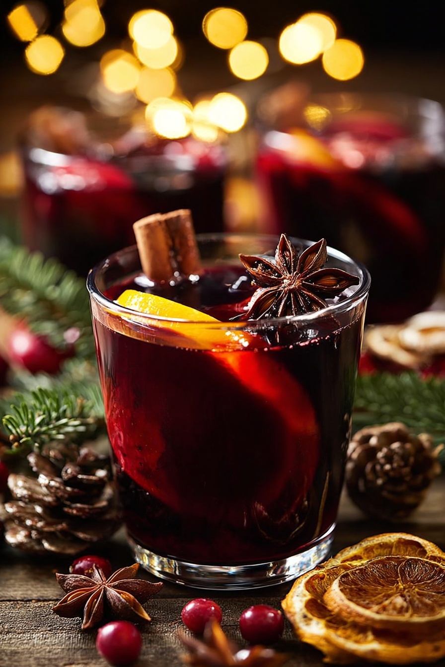Easy German Mulled Wine, German Mulled Wine, Spiced Mulled Wine, Cozy Winter Drinks, Holiday Mulled Wine - A clear glass filled with dark red mulled wine shows several layers inside: a thick slice of orange with bright orange peel and a smooth surface leaning inside the drink, dark brown cinnamon sticks standing upright, and star anise with a shiny texture floating on top. The drink glass is placed on a wooden table surrounded by dried orange slices, pine cones, cranberries, and green pine leaves. In the blurred background, two more glasses of mulled wine with similar content and warm glowing lights create a cozy scene. Photo taken with an iphone --ar 2:3 --v 7