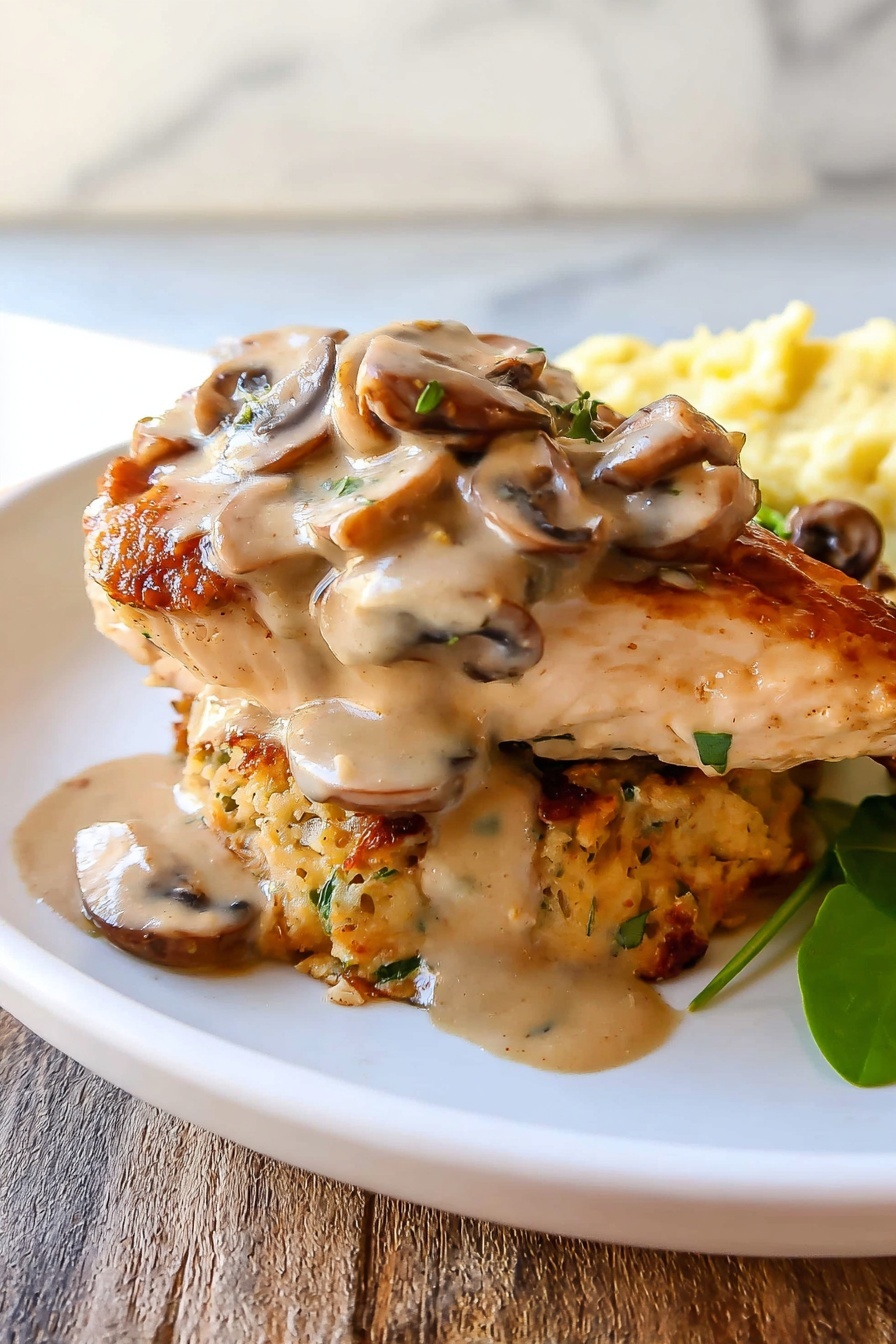 Stuffed Chicken Marsala with Mushrooms and Cheese, Chicken Marsala recipes, flavorful stuffed chicken recipes, easy mushroom chicken dishes, elegant chicken dinner ideas - The dish shows a stack of two cooked chicken pieces on a white plate, placed on a wooden surface with a white marbled background. The bottom chicken layer is golden brown with a textured surface and small green herbs visible on it. The top chicken layer is topped with creamy mushroom sauce, light brown in color with sliced mushrooms scattered on it, some sauce dripping down the sides. There is an extra portion of mushroom sauce with sliced mushrooms beside the chicken stack on the plate. In the background, a small portion of light yellow mashed potatoes appears slightly blurred. A green herb leaf is partially visible near the mushroom sauce on the right side. Photo taken with an iphone --ar 2:3 --v 7