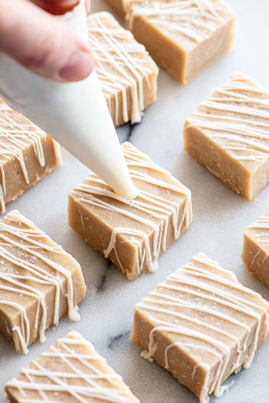 Cinnamon Roll Fudge Delight, cinnamon roll fudge, white chocolate cinnamon fudge, cinnamon dessert recipes, easy cinnamon fudge - Several small square pieces of light beige fudge with a smooth texture are placed on a white marbled surface. Each piece is being decorated with thin diagonal white icing lines that add contrast and a glossy look. A woman's hand holding a white piping bag is adding the icing in soft, even strokes, creating a neat, drizzled pattern across each fudge square. The fudge squares have slightly rounded edges and appear soft but firm. photo taken with an iphone --ar 2:3 --v 7