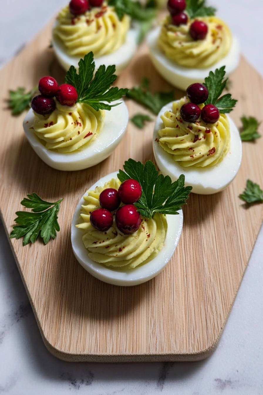 Festive Christmas Deviled Eggs, holiday deviled eggs, Christmas appetizer ideas, holiday party finger foods, festive egg recipes - The image shows a wooden board shaped like a Christmas tree on a white marbled surface. On the board, there are nine deviled eggs arranged in rows. Each egg has a smooth white outer layer of egg white, filled with a yellow, creamy textured yolk mixture swirled on top. On top of the yellow filling, there are small bright red pomegranate seeds and a fresh green parsley leaf beside them for decoration. To the right side, there is a glass with a dark red drink that has a plaid pattern on it, and to the left, there is a white cloth with red and green Christmas patterns. photo taken with an iphone --ar 2:3 --v 7