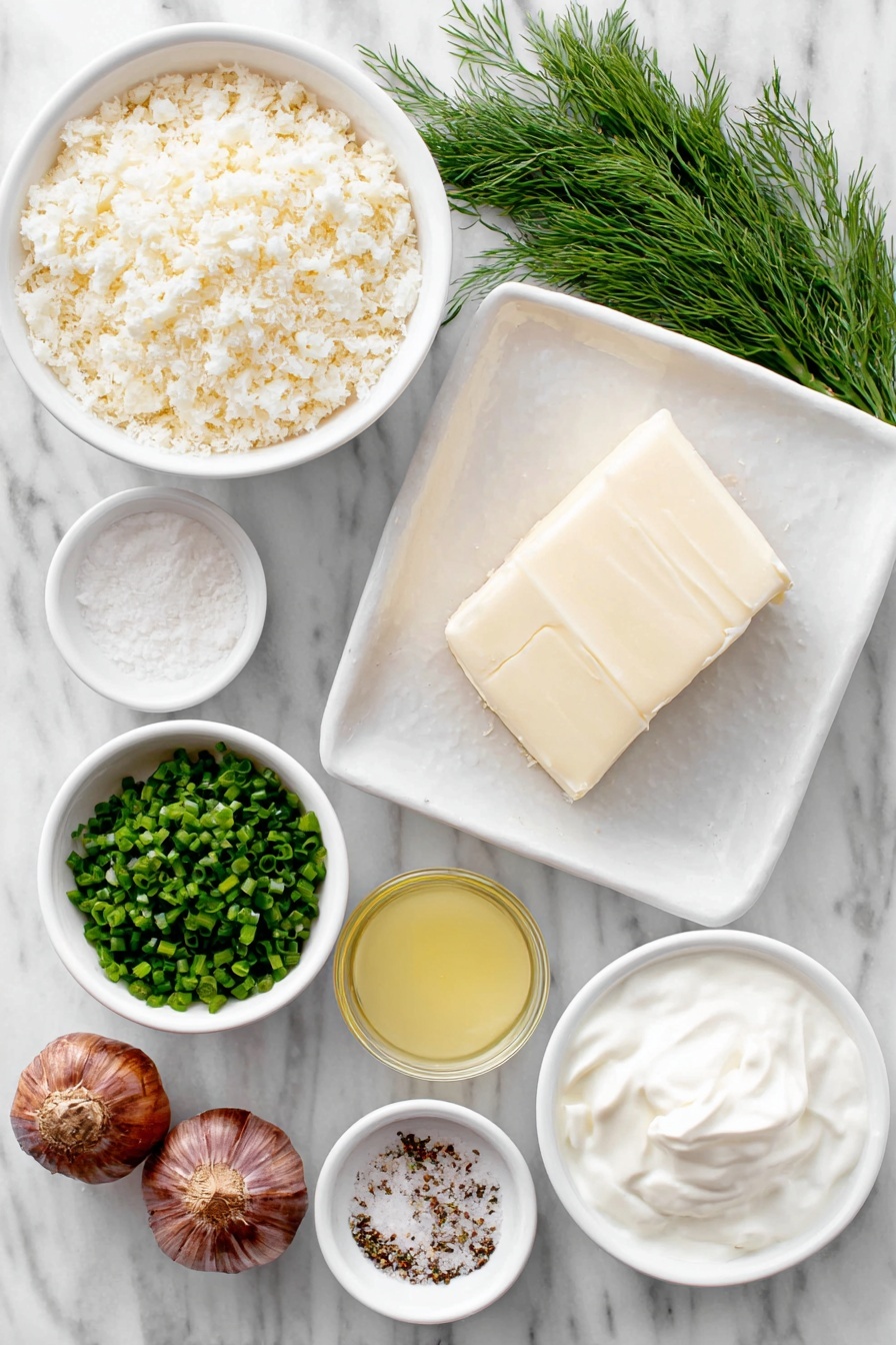 Fried Pickle Dip, creamy tangy appetizer, crispy pickle dip, easy party dip, flavorful dill dip - Flat lay of panko bread crumbs in a small white ceramic bowl, a tablespoon of golden butter on a white plate, two whole uncracked brown garlic cloves, a small white bowl of creamy sour cream, a small white bowl of smooth cream cheese, a small white bowl of pale yellow lemon juice, a small white bowl of clear dill pickle juice, chopped bright green dill pickles on a white plate, finely minced fresh green chives and fresh dill arranged neatly on small white ceramic bowls, sprinkled coarse salt and black pepper on a white plate, all placed on a clean white marble surface, soft natural light, photo taken with an iPhone, professional food photography style, fresh ingredients, white ceramic bowls, no bottles, no duplicates, no utensils, no packaging --ar 2:3 --v 7 --p m7354615311229779997