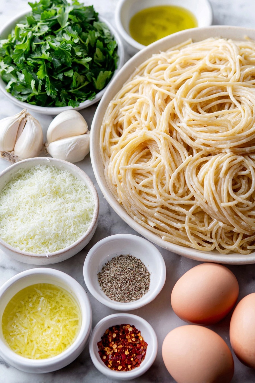 Lemon Pasta with Garlic and Parmesan, lemon pasta recipe, garlic parmesan pasta, quick lemon pasta, easy pasta dinner - Flat lay of a pile of fresh uncooked spaghetti noodles, three whole garlic cloves with papery skins, a small bunch of bright green parsley sprigs, a small white ceramic bowl holding golden olive oil, a tiny white bowl filled with vibrant yellow lemon zest, another small white bowl with freshly squeezed lemon juice, a small white bowl of coarse salt crystals, a small white bowl with crushed red pepper flakes, a small white bowl filled with finely grated parmesan cheese, and two light brown eggs with clean shells, all arranged symmetrically on a clean white marble surface, soft natural light, photo taken with an iPhone, professional food photography style, fresh ingredients, white ceramic bowls, no bottles, no duplicates, no utensils, no packaging --ar 2:3 --v 7 --p m7354615311229779997