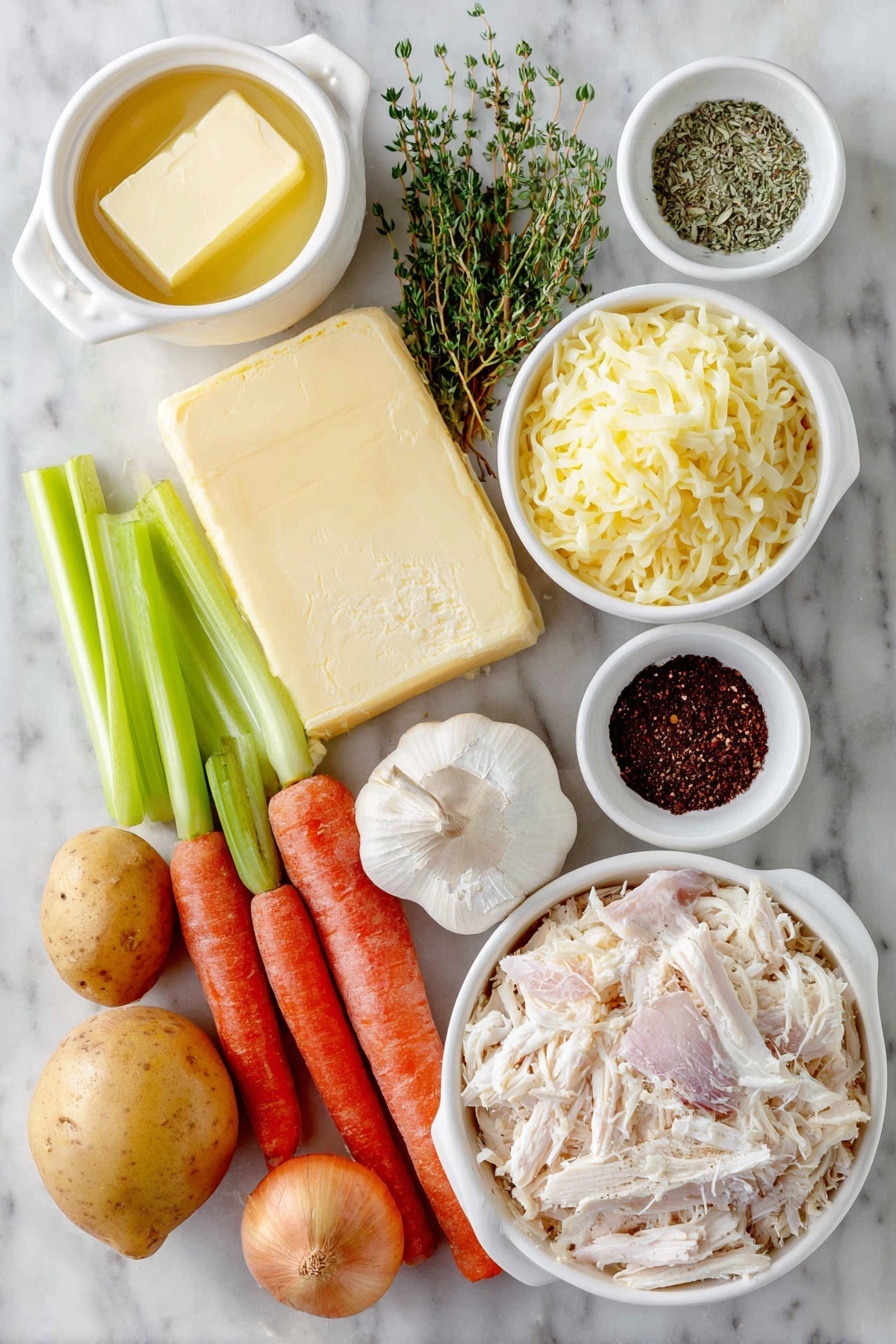 Creamy Chicken Noodle Soup, hearty chicken soup recipe, easy creamy chicken noodle soup, comforting chicken soup, best chicken noodle soup - Flat lay of unsalted butter in a small white ceramic bowl, half of a large yellow onion chopped, a handful of whole fresh carrots sliced, three celery stalks sliced, two whole uncracked garlic cloves, all-purpose flour in a small white ceramic bowl, fresh ground black pepper in a small white ceramic bowl, dried thyme leaves in a small white ceramic bowl, dried oregano in a small white ceramic bowl, peeled and diced medium potato, shredded cooked chicken, half-and-half in a small white ceramic bowl, uncooked wide egg noodles, placed on a clean white marble surface, soft natural light, photo taken with an iPhone, professional food photography style, fresh ingredients, white ceramic bowls, no bottles, no duplicates, no utensils, no packaging --ar 2:3 --v 7 --p m7354615311229779997