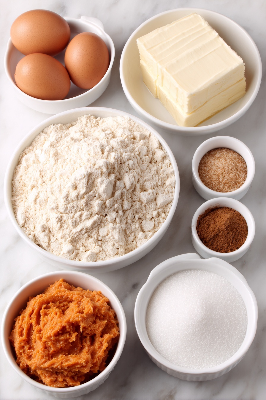 Pumpkin Cookies with Cream Cheese Frosting, fall pumpkin cookie recipe, easy pumpkin cookies, soft pumpkin cookies, pumpkin dessert ideas - Flat lay of a small mound of all-purpose flour, a few whole brown eggs with clean shells, a small white ceramic bowl of granulated sugar, another small white bowl with light brown sugar packed gently, a few whole sticks of unsalted butter neatly arranged, a small white bowl containing bright orange pumpkin puree, a small white bowl filled with powdered sugar, a tiny white bowl with ground cinnamon, another tiny white bowl with ground nutmeg, a small white bowl with ground ginger, and a very small white bowl with ground cloves, plus a small white bowl with vanilla extract, all placed on a clean white marble surface, soft natural light, photo taken with an iPhone, professional food photography style, fresh ingredients, white ceramic bowls, no bottles, no duplicates, no utensils, no packaging --ar 2:3 --v 7 --p m7354615311229779997