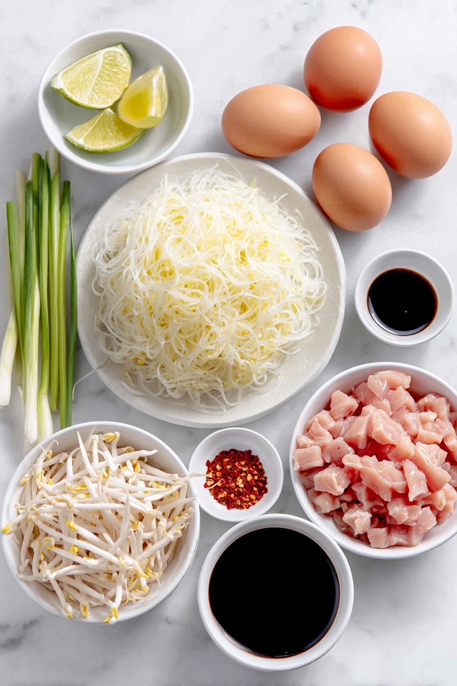 Easy Chicken Pad Thai, Thai chicken noodle dish, quick Pad Thai recipe, homemade chicken Pad Thai, simple Thai stir-fry - Flat lay of a small heap of thin rice noodles, fresh whole lime and lime wedges, a small pile of sliced green onions, a medium-sized peeled carrot julienned, a handful of fresh white bean sprouts, three whole brown eggs with clean shells, chopped roasted peanuts arranged neatly, a few garlic cloves unpeeled, thinly sliced raw chicken breast pieces, and four small white ceramic bowls containing tamarind paste, dark fish sauce, packed brown sugar, and clear soy sauce, a tiny white bowl with vibrant red pepper flakes, all ingredients fresh and natural on a clean white marble surface, soft natural light, photo taken with an iPhone, professional food photography style, fresh ingredients, white ceramic bowls, no bottles, no duplicates, no utensils, no packaging --ar 2:3 --v 7 --p m7354615311229779997