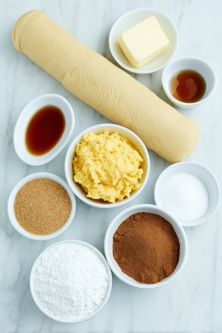 Pumpkin Pie Twists with Crescent Dough, pumpkin pie twists, easy fall desserts, pumpkin spice pastry, flaky pumpkin treats - Flat lay of a tube of unrolled crescent roll dough, a small white bowl of bright orange pumpkin puree, a small white bowl of golden brown sugar, a small white bowl of amber maple syrup, a small white bowl of mixed pumpkin spice powder, a small white bowl of melted butter with a glossy surface, a small white bowl of granulated white sugar, a small white bowl of ground cinnamon, all arranged in perfect symmetry on simple white ceramic dishes, placed on a clean white marble surface, soft natural light, photo taken with an iPhone, professional food photography style, fresh ingredients, white ceramic bowls, no bottles, no duplicates, no utensils, no packaging --ar 2:3 --v 7 --p m7354615311229779997