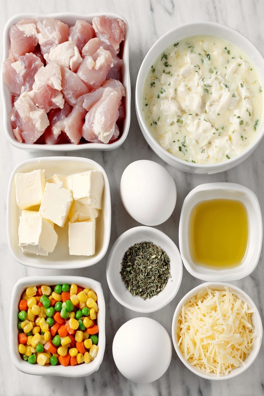 Cheddar Bay Chicken Pot Pie, cheesy chicken pot pie, cozy chicken and vegetable pie, homemade chicken pot pie with biscuits, easy comfort food recipes - Flat lay of chopped raw chicken breast chunks, a small white bowl of olive oil, a small pile of frozen mixed vegetables with visible carrots, peas, and corn, two unopened cans of cream of chicken soup replaced by a small white bowl filled with creamy chicken soup with herbs, a small white bowl with a heap of poultry seasoning powder, another small white bowl containing dried thyme, a small white bowl holding dried parsley, a small mound of shredded sharp cheddar cheese, a small white bowl with cold water, a few cubes of cold butter, and two whole uncracked brown eggs, all arranged in perfect symmetry surrounding a simple white ceramic bowl with cheddar bay biscuit mix powder, placed on a clean white marble surface, soft natural light, photo taken with an iPhone, professional food photography style, fresh ingredients, white ceramic bowls, no bottles, no duplicates, no utensils, no packaging --ar 2:3 --v 7 --p m7354615311229779997