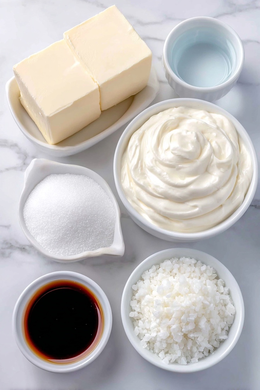 Homemade Salted Caramels, salted caramel recipe, easy caramel candies, homemade caramel treats, salted caramel dessert - Flat lay of a few small cubes of golden salted butter, a small white ceramic bowl filled with rich heavy cream, a small white ceramic bowl of clear water, a small white ceramic bowl of light golden corn syrup, a small white ceramic bowl heaped with fine granulated white sugar, and a small pile of delicate white flaked sea salt crystals, all arranged symmetrically on a clean white marble surface, soft natural light, photo taken with an iPhone, professional food photography style, fresh ingredients, white ceramic bowls, no bottles, no duplicates, no utensils, no packaging --ar 2:3 --v 7 --p m7354615311229779997