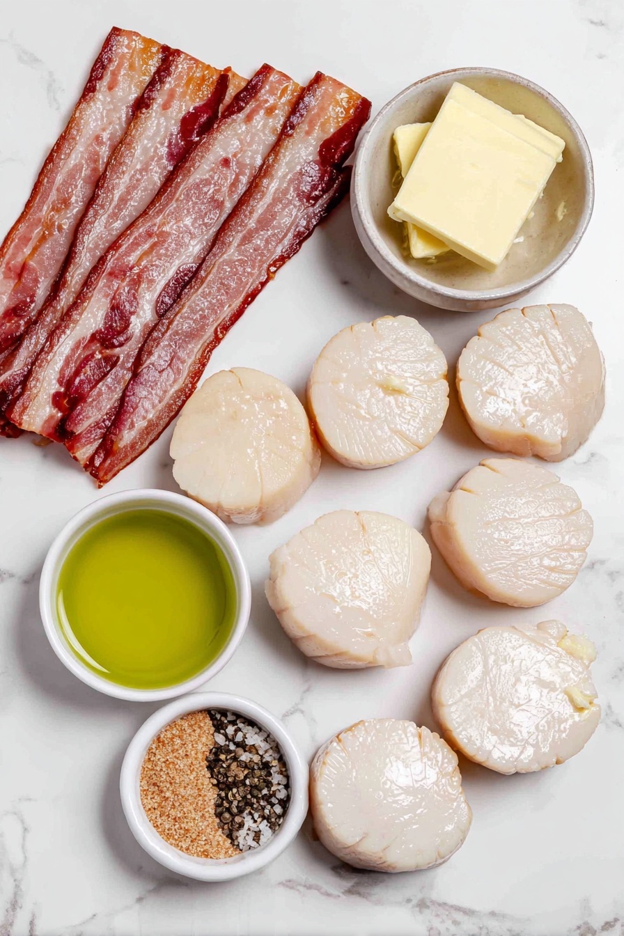 Bacon-Wrapped Scallops with Garlic Butter, scallops wrapped in bacon, garlic butter scallops appetizer, surf and turf seafood recipe, easy seafood appetizer - Flat lay of uncooked large sea scallops arranged neatly beside several raw strips of streaky bacon, a small white ceramic bowl with softened golden melted butter, a minced garlic clove resting whole next to a tiny white bowl containing light brown granulated brown sugar, a separate tiny white bowl with coarse sea salt, a pinch of freshly ground black pepper scattered delicately beside it, and another small white bowl filled with clear light green avocado oil, all spaced evenly and symmetrically, placed on a clean white marble surface, soft natural light, photo taken with an iPhone, professional food photography style, fresh ingredients, white ceramic bowls, no bottles, no duplicates, no utensils, no packaging --ar 2:3 --v 7 --p m7354615311229779997