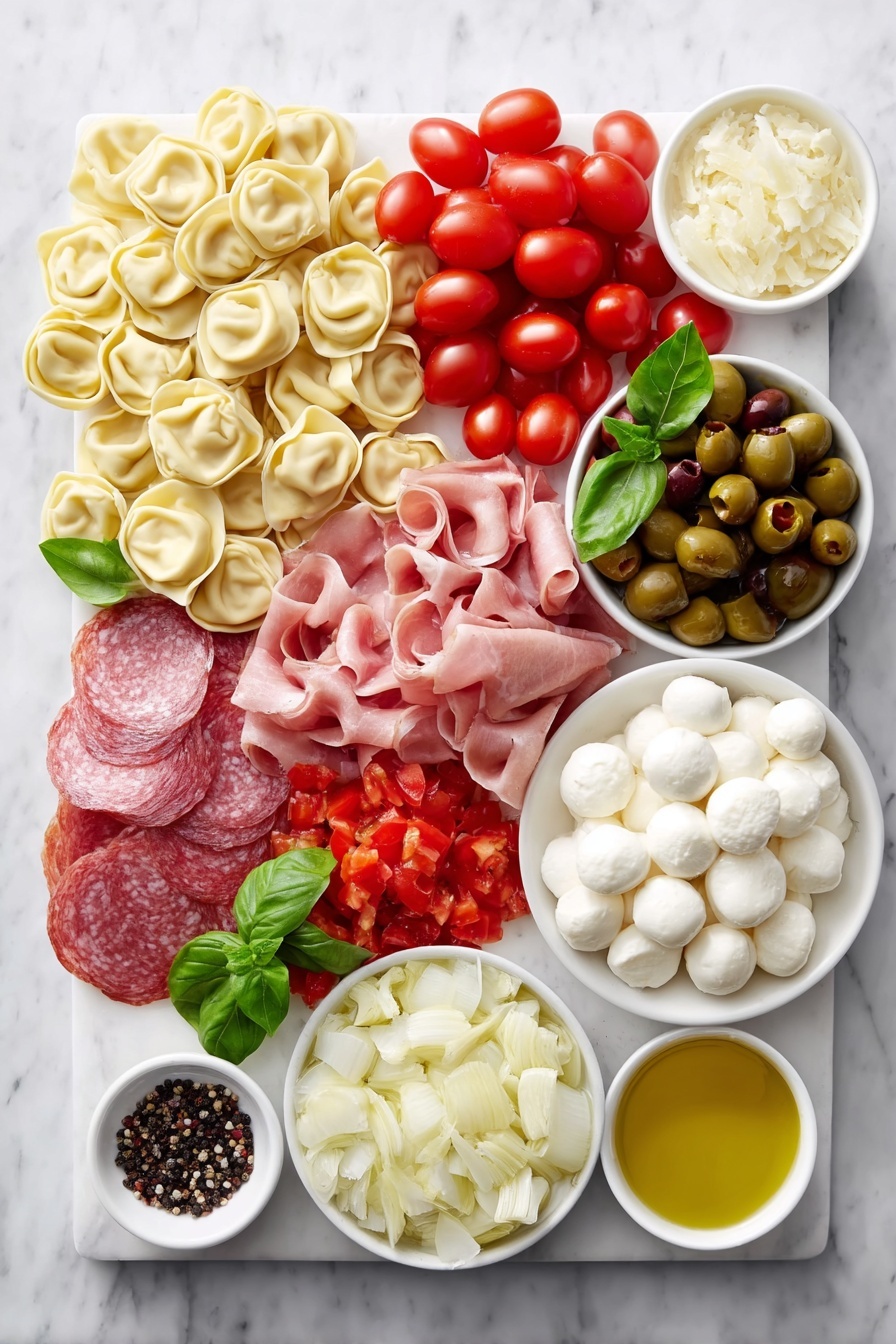 Antipasto Skewers with Tortellini and Cheese, antipasto skewers, easy appetizer ideas, summer party appetizers, no-cook snack recipes - Flat lay of fresh cheese tortellini pasta, plump cherry tomatoes, large green Castelvetrano olives, torn bright green basil leaves, thin slices of rosy Genoa salami, delicate pink prosciutto slices, small white baby mozzarella balls, sharp provolone cheese cubes, chopped bright red roasted peppers, chopped pale artichoke hearts, and small white bowls containing golden olive oil, pale yellow lemon juice, deep red wine vinegar, sticky honey, minced fresh garlic cloves, coarse salt crystals, and whole black peppercorns, all arranged in perfect symmetry on simple white ceramic bowls and plates, placed on a clean white marble surface, soft natural light, photo taken with an iPhone, professional food photography style, fresh ingredients, white ceramic bowls, no bottles, no duplicates, no utensils, no packaging --ar 2:3 --v 7 --p m7354615311229779997