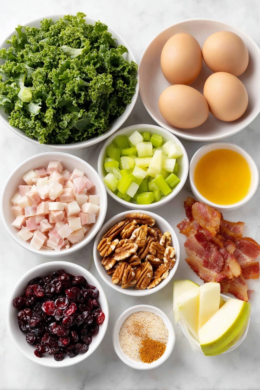 Apple Cranberry Pecan Salad with Candied Nuts, Apple Cranberry Pecan Salad, Holiday Fruit and Nut Salad, Fall Salad with Candied Pecans, Kale Fruit Nut Salad - Flat lay of crisp shredded kale leaves, a diced medium apple with pale green skin, a small pile of diced shallots, a handful of bright red dried cranberries, sliced pale green celery sticks, crumbled white feta cheese, glossy brown pecan halves, three raw whole brown eggs with clean shells, small white ceramic bowls each holding golden olive oil, amber honey, and amber apple cider vinegar, a small bowl of coarse white sugar, a small bowl of mixed pumpkin pie spice with a hint of reddish cayenne, and a few pieces of crispy diced bacon, all arranged in perfect symmetry on a clean white marble surface, soft natural light, photo taken with an iPhone, professional food photography style, fresh ingredients, white ceramic bowls, no bottles, no duplicates, no utensils, no packaging --ar 2:3 --v 7 --p m7354615311229779997