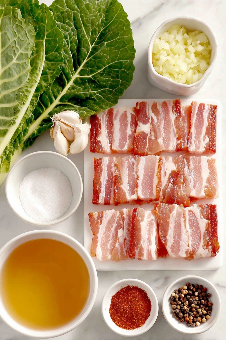 Savory Collard Greens with Bacon, collard greens recipe, bacon and greens dish, flavorful collard greens, Southern collard greens with bacon - Flat lay of eight slices of raw chopped bacon arranged neatly, one medium yellow onion peeled and finely chopped in a small white ceramic bowl, three whole uncracked garlic cloves, a fresh bunch of dark green collard greens with visible veins and trimmed edges, a small white bowl filled with light golden chicken broth, a tiny white bowl holding clear apple cider vinegar, a small white bowl with granulated white sugar, a small white bowl containing a reddish-brown Cajun seasoning mix, a tiny white bowl of vibrant red smoked paprika powder, a small white bowl with crushed red pepper flakes, and a small pile of coarse salt and whole black peppercorns placed symmetrically on a clean white marble surface, soft natural light, photo taken with an iPhone, professional food photography style, fresh ingredients, white ceramic bowls, no bottles, no duplicates, no utensils, no packaging --ar 2:3 --v 7 --p m7354615311229779997