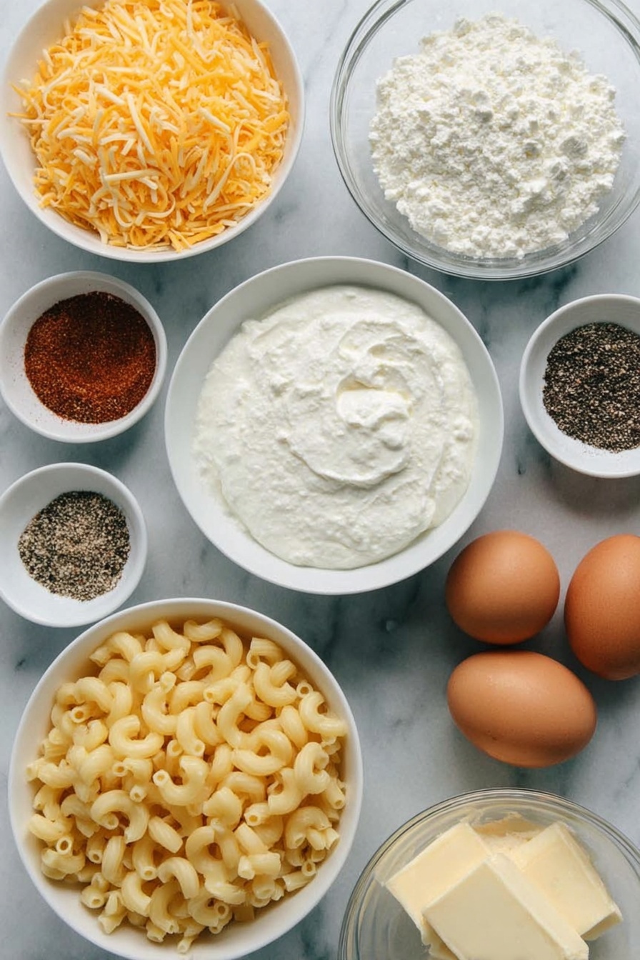 Creamy Baked Mac and Cheese, cheesy baked mac and cheese, Southern baked mac and cheese, comfort food recipes, easy baked mac and cheese - Flat lay of a small white ceramic bowl of softened cream cheese, a small white ceramic bowl of half and half, a small white ceramic bowl of heavy cream, a small white ceramic bowl of kosher salt and freshly cracked black pepper, two whole uncracked large brown eggs, a small white ceramic bowl of smoked paprika, a small white ceramic bowl holding a blend of garlic powder, onion powder, and mustard powder, a simple white ceramic bowl of cubed American cheese, a simple white ceramic bowl of shredded part-skim mozzarella cheese, a simple white ceramic bowl each of shredded sharp cheddar cheese and shredded Colby jack cheese, a nest of uncooked elbow macaroni, and a small white ceramic bowl of butter, all arranged symmetrically and naturally fresh, placed on a clean white marble surface, soft natural light, photo taken with an iPhone, professional food photography style, fresh ingredients, white ceramic bowls, no bottles, no duplicates, no utensils, no packaging --ar 2:3 --v 7 --p m7354615311229779997