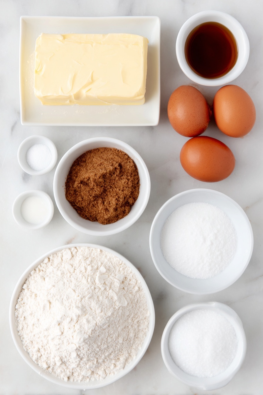 Cinnamon Cookie with Filling, Cinnamon Cookie Recipe, Soft Cinnamon Cookies, Chewy Cinnamon Cookies, Cinnamon Filled Cookies - Flat lay of a stick of salted butter softened with a smooth creamy texture, a small white ceramic bowl filled with packed brown sugar, a small white ceramic bowl of ground cinnamon, a mound of fine granulated sugar on a simple white ceramic plate, two whole uncracked large brown eggs with clean shells, a small white ceramic bowl of vanilla extract, a heap of spooned and leveled all-purpose flour, a small white ceramic bowl of coarse kosher salt, a small white ceramic bowl of smooth cream of tartar powder, and a small white ceramic bowl of baking soda powder — all ingredients arranged with perfect symmetry on a clean white marble surface, soft natural light, photo taken with an iPhone, professional food photography style, fresh ingredients, white ceramic bowls, no bottles, no duplicates, no utensils, no packaging --ar 2:3 --v 7 --p m7354615311229779997