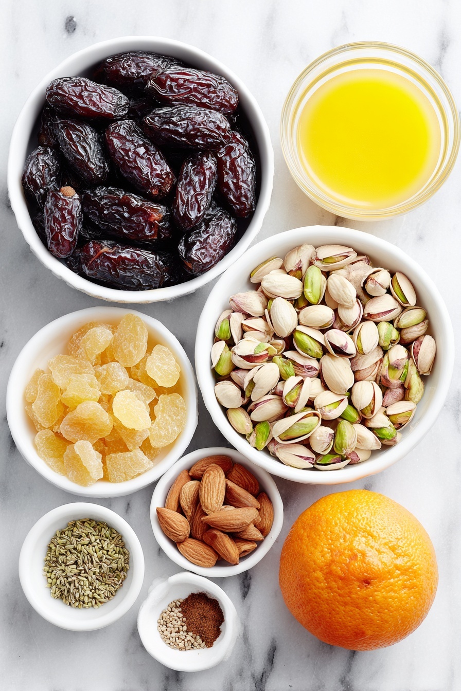 Festive Sugar Plum Balls, holiday Christmas treats, no-bake holiday cookies, winter party candies, seasonal dessert bites - Flat lay of a simple white ceramic bowl of mixed dried figs, dates, and raisins, a small white bowl filled with glistening crystallized ginger pieces, a handful of whole almonds, pistachios in shells, and pine nuts arranged neatly on the side, a whole large fresh orange with zest scattered alongside a small white bowl of bright orange juice, a separate small white bowl containing ground cinnamon, another small white bowl with ground cardamom, a small white bowl of ground ginger powder, a small white bowl filled with caraway seeds, and a tiny white bowl holding ground cloves, all ingredients fresh and natural, perfectly balanced and symmetrical, placed on a clean white marble surface, soft natural light, photo taken with an iPhone, professional food photography style, fresh ingredients, white ceramic bowls, no bottles, no duplicates, no utensils, no packaging --ar 2:3 --v 7 --p m7354615311229779997