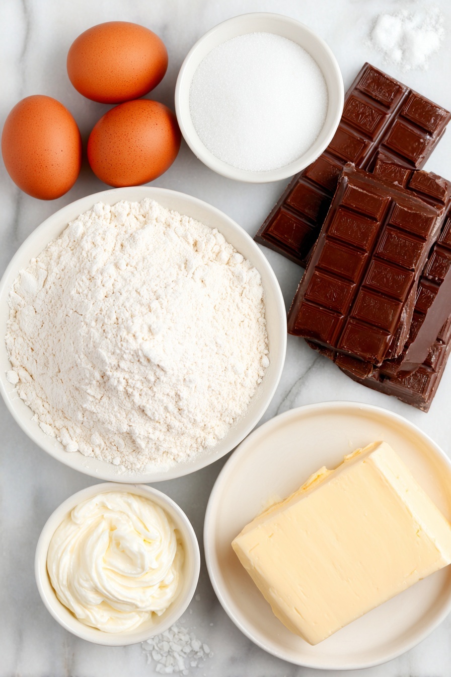 French Silk Chocolate Pie, chocolate pie recipe, homemade chocolate pie, rich chocolate dessert, easy chocolate pie - Flat lay of a small mound of all-purpose flour, a few grains of sea salt scattered nearby, a small heap of granulated sugar, a chilled square of shortening, a cluster of three smooth whole brown eggs, a few pieces of semisweet chocolate bars, a softened slab of salted butter, a small white bowl of powdered sugar, two small white bowls filled with heavy whipping cream, a small white bowl containing pure vanilla extract, all arranged symmetrically on a clean white ceramic plate and white ceramic bowls, placed on a clean white marble surface, soft natural light, photo taken with an iPhone, professional food photography style, fresh ingredients, white ceramic bowls, no bottles, no duplicates, no utensils, no packaging --ar 2:3 --v 7 --p m7354615311229779997