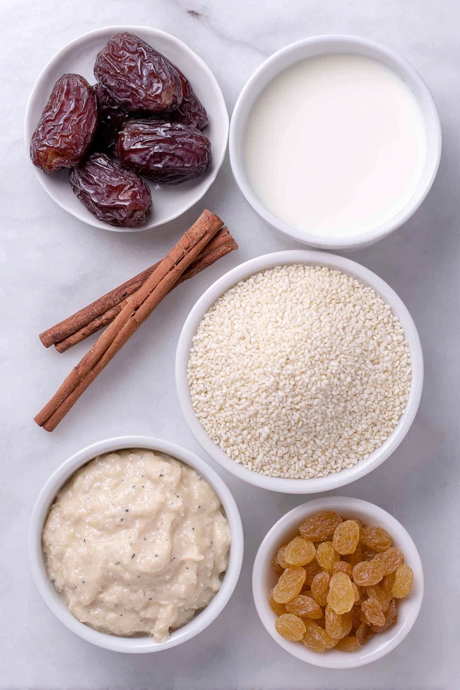 Creamy Rice Pudding with Vanilla and Cinnamon, rice pudding recipes, comforting dessert ideas, easy rice pudding, homemade rice pudding - Flat lay of a fresh cinnamon stick about 3 to 4 inches long, a small mound of white Arborio rice, a few plump golden raisins, a small white ceramic bowl filled with whole milk, a small white ceramic bowl filled with clear water, a small white ceramic bowl containing granulated sugar, a small white ceramic bowl with creamy vanilla bean paste showing tiny black vanilla seeds, all arranged symmetrically on a clean white marble surface, soft natural light, photo taken with an iPhone, professional food photography style, fresh ingredients, white ceramic bowls, no bottles, no duplicates, no utensils, no packaging --ar 2:3 --v 7 --p m7354615311229779997