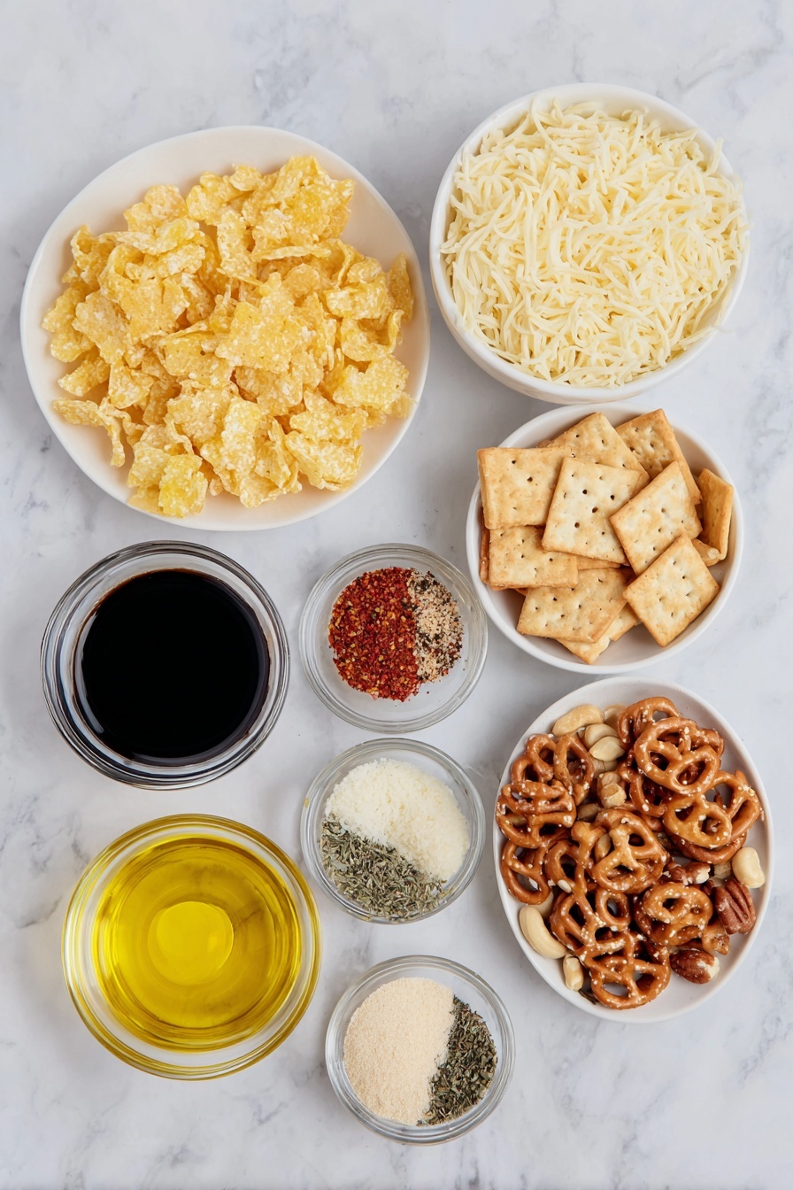 Christmas Savory Snack Mix, festive snack mix, holiday party snacks, savory holiday mix, crunchy holiday treats - Flat lay of a small heap of original Shreddies cereal, a handful of mini pretzels, a small pile of salted mixed nuts, a cluster of cheese crackers, a small white ceramic bowl with melted butter, a small white ceramic bowl with golden olive oil, a small white ceramic bowl each containing dark balsamic vinegar and clear rice vinegar, a small white ceramic bowl with dark Worcestershire sauce, tiny white ceramic bowls with garlic powder, onion powder, dried basil, dried oregano, dried parsley, dried red chili flakes, salt, and ground black pepper, and a small mound of finely grated parmesan cheese on a simple white ceramic plate, all arranged symmetrically and naturally, placed on a clean white marble surface, soft natural light, photo taken with an iPhone, professional food photography style, fresh ingredients, white ceramic bowls, no bottles, no duplicates, no utensils, no packaging --ar 2:3 --v 7 --p m7354615311229779997