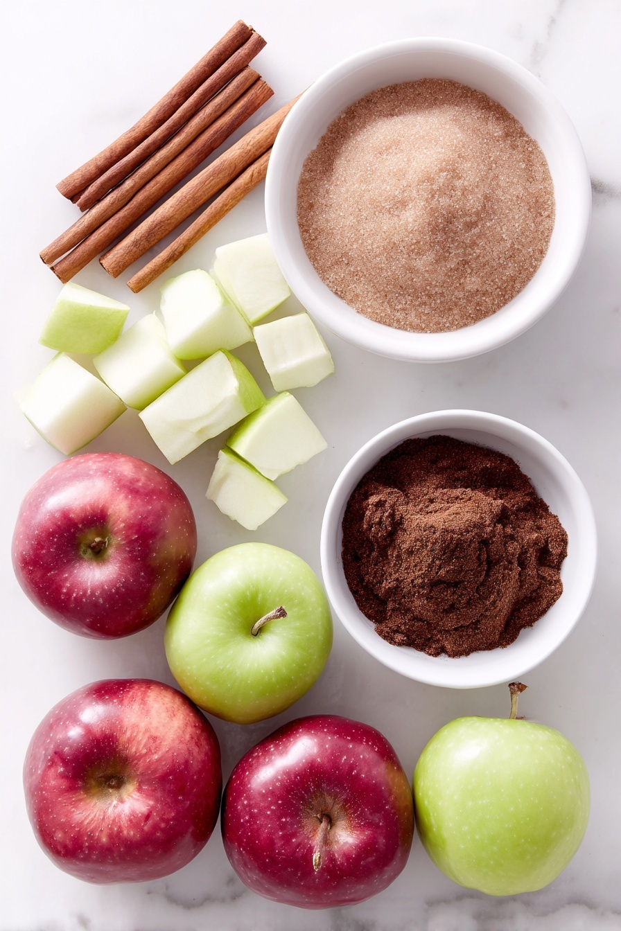 Homemade Apple Cider, Apple Cider Recipe, Spiced Apple Cider, Easy Apple Cider, Fresh Apple Cider - Flat lay of ten fresh quartered red and green apples, a small white ceramic bowl filled with light brown packed sugar, four whole cinnamon sticks neatly arranged, and a small white ceramic bowl containing ground allspice, all placed symmetrically on a clean white marble surface, soft natural light, photo taken with an iPhone, professional food photography style, fresh ingredients, white ceramic bowls, no bottles, no duplicates, no utensils, no packaging --ar 2:3 --v 7 --p m7354615311229779997