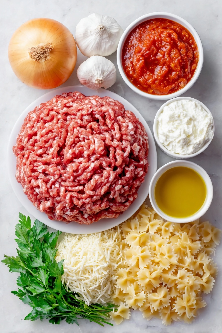 Lasagna Soup, easy lasagna soup, comforting lasagna soup, Italian lasagna soup, quick lasagna soup - Flat lay of a small puddle of golden olive oil shimmering on a simple white ceramic plate, a mound of fresh raw ground beef, one whole large yellow onion with smooth skin, four whole unpeeled garlic cloves, a small white bowl filled with bright red diced fresh tomatoes with juice, another small white bowl holding thick red tomato sauce, a third small white bowl with a dense smear of deep red tomato paste, a simple white ceramic bowl with clear golden chicken broth, a handful of uncooked bowtie (farfalle) pasta scattered neatly, a small white bowl of creamy white ricotta cheese, another small white bowl of shredded mozzarella cheese, a delicate pile of freshly shaved pale yellow Parmesan cheese, and a small bunch of vivid green fresh parsley sprigs arranged symmetrically, all placed on a clean white marble surface, soft natural light, photo taken with an iPhone, professional food photography style, fresh ingredients, white ceramic bowls, no bottles, no duplicates, no utensils, no packaging --ar 2:3 --v 7 --p m7354615311229779997