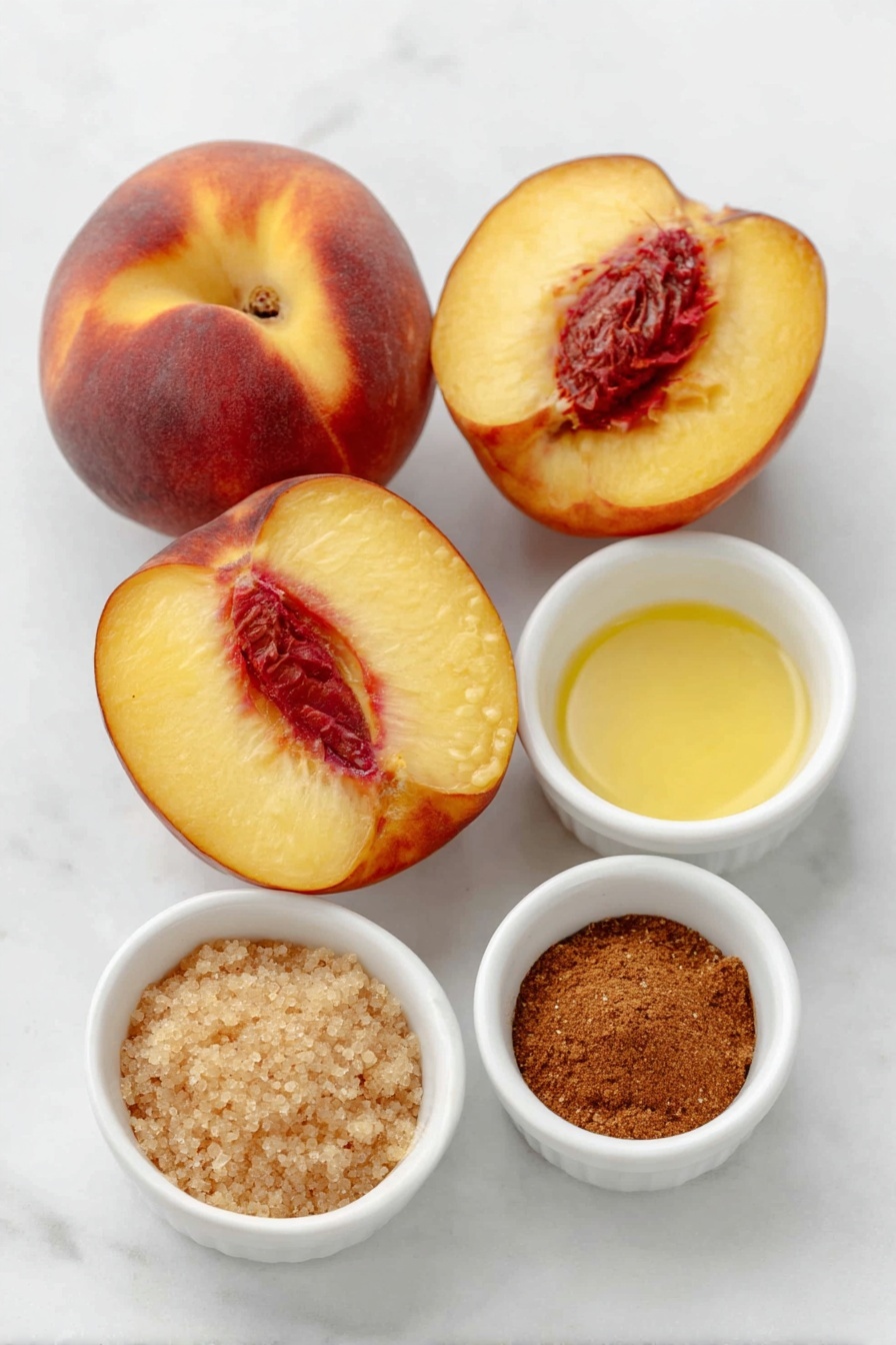 Air Fryer Peaches with Cinnamon, air fryer peach dessert, caramelized cinnamon peaches, quick fruit dessert, healthy peach recipes - Flat lay of four ripe, firm peaches halved and pitted, a small white ceramic bowl of melted golden butter, a small white ceramic bowl filled with light brown soft brown sugar, a small white ceramic bowl with warm brown cinnamon powder, all arranged symmetrically and balanced on a clean white marble surface, soft natural light, photo taken with an iPhone, professional food photography style, fresh ingredients, white ceramic bowls, no bottles, no duplicates, no utensils, no packaging --ar 2:3 --v 7 --p m7354615311229779997