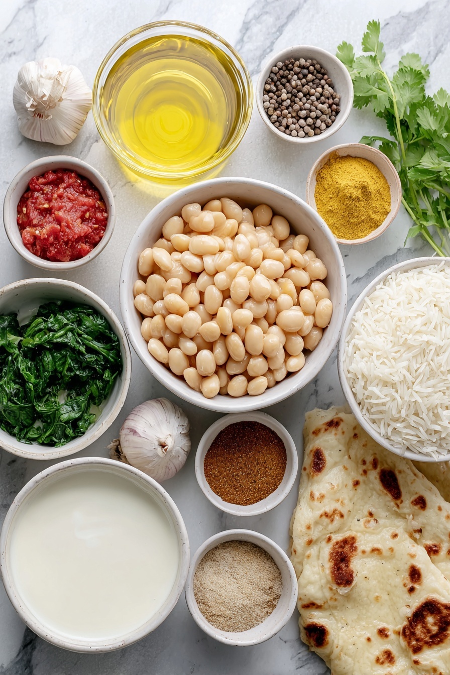 Creamy Vegan Butter Bean Curry, vegan butter bean curry recipe, plant-based butter bean curry, dairy-free creamy curry, easy vegan curry ideas - Flat lay of a small white ceramic bowl of drained butter beans, a small yellow onion whole and unpeeled, five whole garlic cloves with skins, a small white ceramic bowl of golden canola oil, a small white ceramic bowl of bright red chopped tomatoes, a small white ceramic bowl filled with creamy white coconut milk, a small white ceramic bowl of frozen spinach leaves still slightly frosted, a small white ceramic bowl with golden-yellow curry powder, a small white ceramic bowl with ground cumin, a small white ceramic bowl with ground coriander seeds, a small white ceramic bowl with brownish garam masala powder, a small white ceramic bowl with chili powder, a small white ceramic bowl of fine salt, a small white ceramic bowl of black peppercorns, a bunch of fresh green cilantro sprigs, a small white ceramic bowl of creamy white coconut yogurt, a neat mound of fluffy cooked basmati rice, and a piece of homemade naan bread, all arranged symmetrically with perfect proportions on a clean white marble surface, soft natural light, photo taken with an iPhone, professional food photography style, fresh ingredients, white ceramic bowls, no bottles, no duplicates, no utensils, no packaging --ar 2:3 --v 7 --p m7354615311229779997