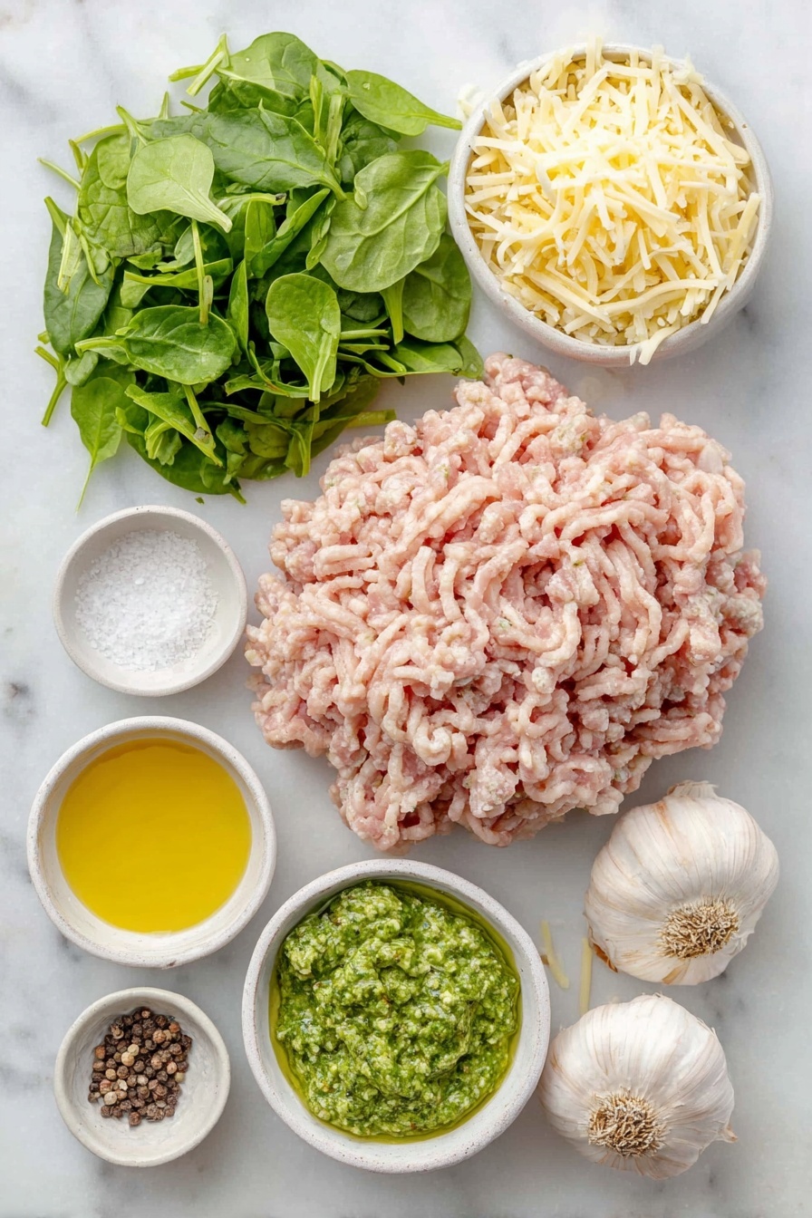 Spinach Chicken Burgers, healthy chicken burger recipe, easy spinach burger patties, juicy chicken burger ideas, pesto chicken burger - Flat lay of a mound of fresh lean ground chicken, a small pile of bright chopped fresh spinach, a small heap of shredded mozzarella cheese, a small white ceramic bowl of vivid green pesto sauce, two whole garlic bulbs with papery skins, a small white ceramic bowl of coarse kosher salt, a small white ceramic bowl of cracked black peppercorns, a small white ceramic bowl of golden canola oil placed symmetrically, all arranged in perfect balance on a clean white marble surface, soft natural light, photo taken with an iPhone, professional food photography style, fresh ingredients, white ceramic bowls, no bottles, no duplicates, no utensils, no packaging --ar 2:3 --v 7 --p m7354615311229779997