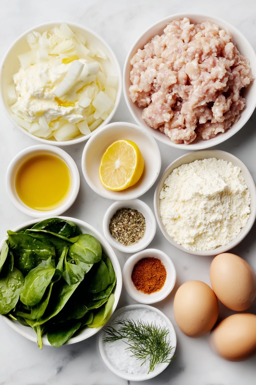 Mediterranean Chicken Patties, healthy chicken patties, easy Mediterranean dinner, flavorful chicken recipes, Mediterranean ground chicken - Flat lay of a medium diced onion, a small pile of minced garlic cloves, a handful of bright baby spinach leaves, a mound of raw ground chicken, a small white ceramic bowl with golden olive oil, a small white ceramic bowl of fine light breadcrumbs, a small white ceramic bowl of thick creamy Greek yogurt, fresh sprigs of finely chopped dill, half a fresh lemon cut to show juicy pulp, a small white ceramic bowl with dried oregano, a small white ceramic bowl with vibrant paprika powder, a small white ceramic bowl with ground cumin powder, a small white ceramic bowl of coarse salt, a small white ceramic bowl with ground black peppercorns, whole uncracked brown eggs placed in a line next to the ingredients, all arranged symmetrically with perfect proportions on a clean white marble surface, soft natural light, photo taken with an iPhone, professional food photography style, fresh ingredients, white ceramic bowls, no bottles, no duplicates, no utensils, no packaging --ar 2:3 --v 7 --p m7354615311229779997