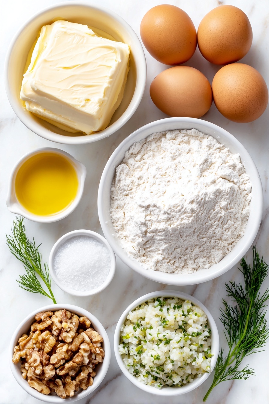 Dill Pickle Cake, savory sweet cake with pickles, unique pickle dessert, tangy dill cake, best Dill Pickle Cake recipe - Flat lay of a small mound of softened unsalted butter, a small white ceramic bowl of golden vegetable oil, a neat pile of granulated sugar crystals, four large whole brown eggs with clean shells, a small white ceramic bowl with pale amber vanilla extract, a heap of all-purpose flour, a small white ceramic bowl holding baking powder, a small white ceramic bowl with fine salt, a small white ceramic bowl of garlic powder, a small white ceramic bowl filled with finely chopped dill pickles glistening with moisture, a small white ceramic bowl containing pale green dill pickle juice, a handful of chopped walnuts, and a few sprigs of fresh bright green dill, placed on a clean white marble surface, soft natural light, photo taken with an iPhone, professional food photography style, fresh ingredients, white ceramic bowls, no bottles, no duplicates, no utensils, no packaging --ar 2:3 --v 7 --p m7354615311229779997