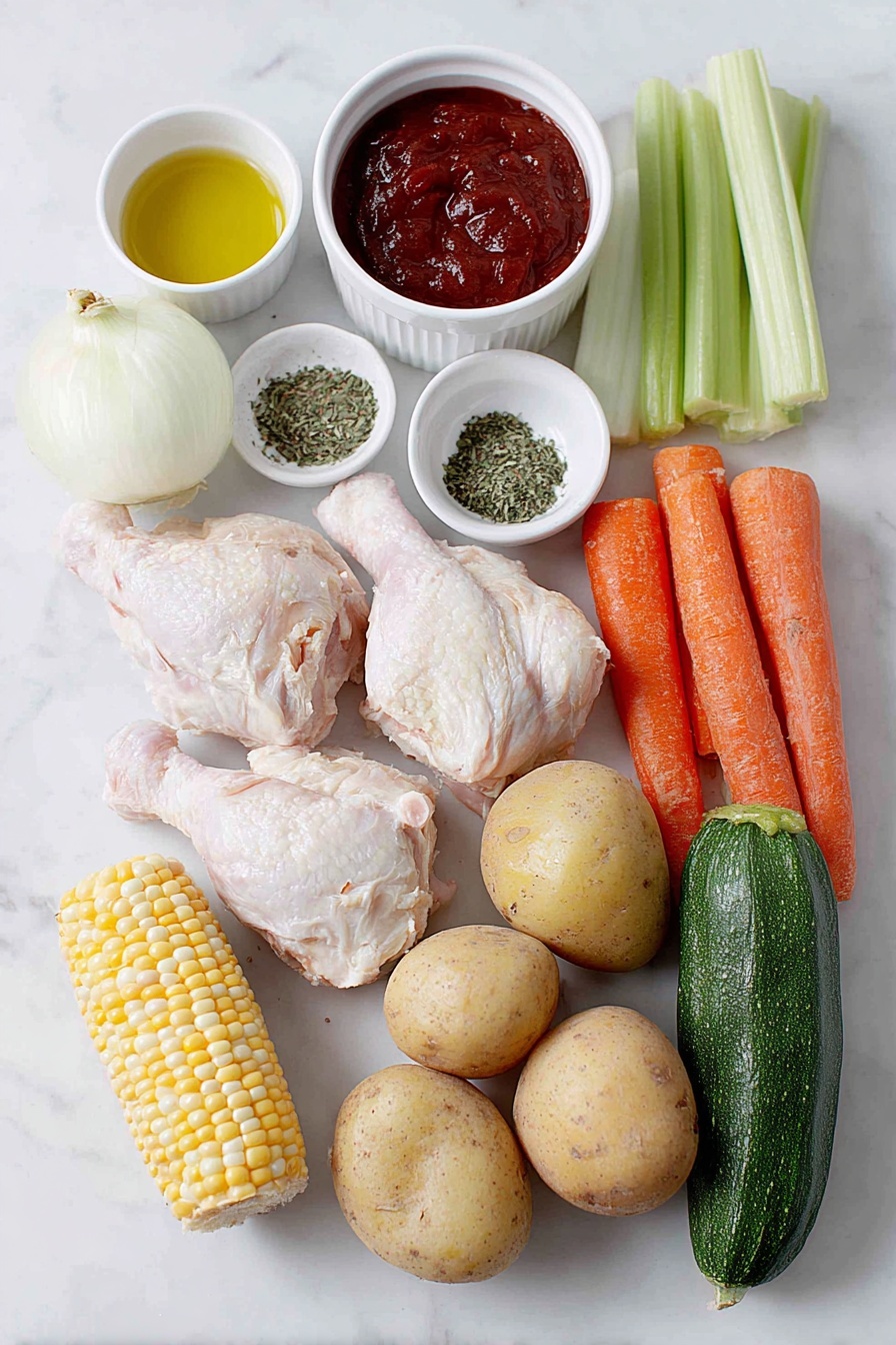 Hearty Chicken Vegetable Soup, chicken vegetable soup recipe, nourishing chicken soup, easy vegetable chicken soup, comforting chicken soup - Flat lay of two large skinless boneless chicken breasts, two whole chicken legs with bone, a small white bowl with golden olive oil, a quarter of a medium white onion roughly chopped, two celery sticks chopped, four large whole carrots, two whole garlic cloves, a small white bowl filled with deep red tomato sauce, two whole chicken bouillon cubes, a small white bowl of coarse kosher salt, a small white bowl of ground black pepper, a small white bowl of dried Mexican oregano, a small bunch of fresh cilantro leaves, one corn on the cob cut into five pieces, one whole chayote with smooth green skin, two large russet potatoes cut into thick cubes with skin on, two medium zucchinis cut into thick cubes with bright green skin, placed on a clean white marble surface, soft natural light, photo taken with an iPhone, professional food photography style, fresh ingredients, white ceramic bowls, no bottles, no duplicates, no utensils, no packaging --ar 2:3 --v 7 --p m7354615311229779997