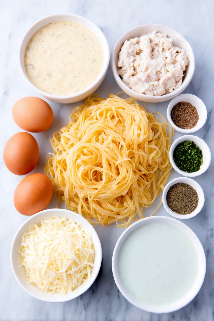 Creamy Chicken Tetrazzini Bake, easy chicken pasta casserole, cheesy chicken bake, comforting dinner recipes, weeknight chicken casserole - Flat lay of linguine pasta nest, chopped cooked rotisserie chicken pieces, small white bowls with creamy chicken soup, creamy mushroom soup, sour cream, melted butter, chicken broth, white ceramic bowl with grated Parmesan cheese, white ceramic bowl with shredded mozzarella cheese, white ceramic bowl holding dried parsley, white ceramic bowls with salt, black pepper, and garlic powder, whole uncracked brown eggs placed symmetrically around the composition, placed on a clean white marble surface, soft natural light, photo taken with an iPhone, professional food photography style, fresh ingredients, white ceramic bowls, no bottles, no duplicates, no utensils, no packaging --ar 2:3 --v 7 --p m7354615311229779997