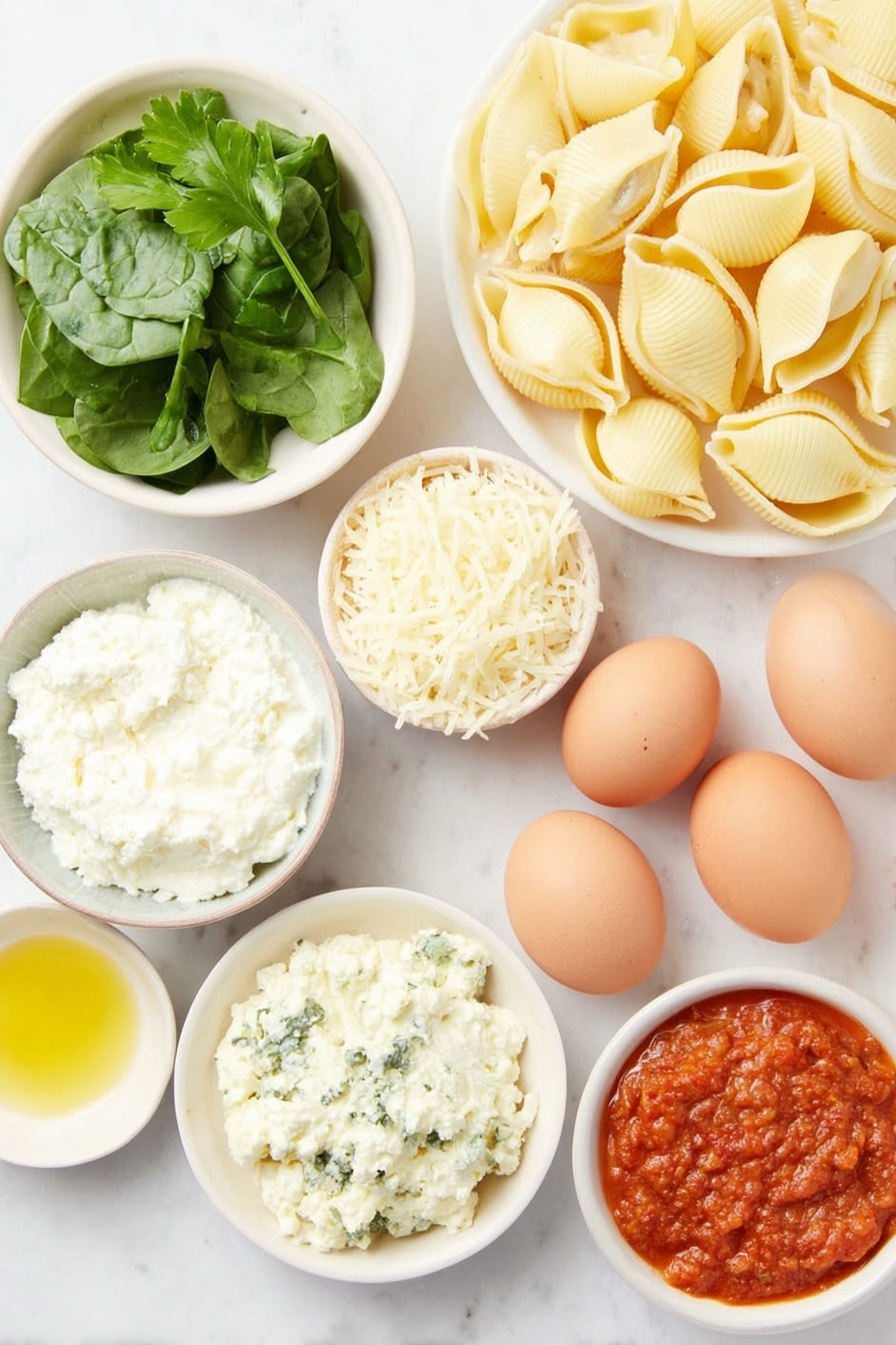 Stuffed Shells with Spinach and Cheese, Italian stuffed shells, cheesy spinach stuffed pasta, baked stuffed shells recipe, comfort food seafood? - Flat lay of fresh jumbo pasta shells arranged neatly, a small white bowl of bright green fresh spinach leaves, a small white bowl with creamy white ricotta cheese, a small white bowl with shredded mozzarella cheese, a small white bowl with grated Parmesan cheese, a small white bowl of smooth cream cheese, three whole uncracked brown eggs, three cloves of fresh garlic, a small white bowl containing rich red marinara sauce, a small white bowl with golden olive oil, a few sprigs of fresh green parsley, placed on a clean white marble surface, soft natural light, photo taken with an iPhone, professional food photography style, fresh ingredients, white ceramic bowls, no bottles, no duplicates, no utensils, no packaging --ar 2:3 --v 7 --p m7354615311229779997