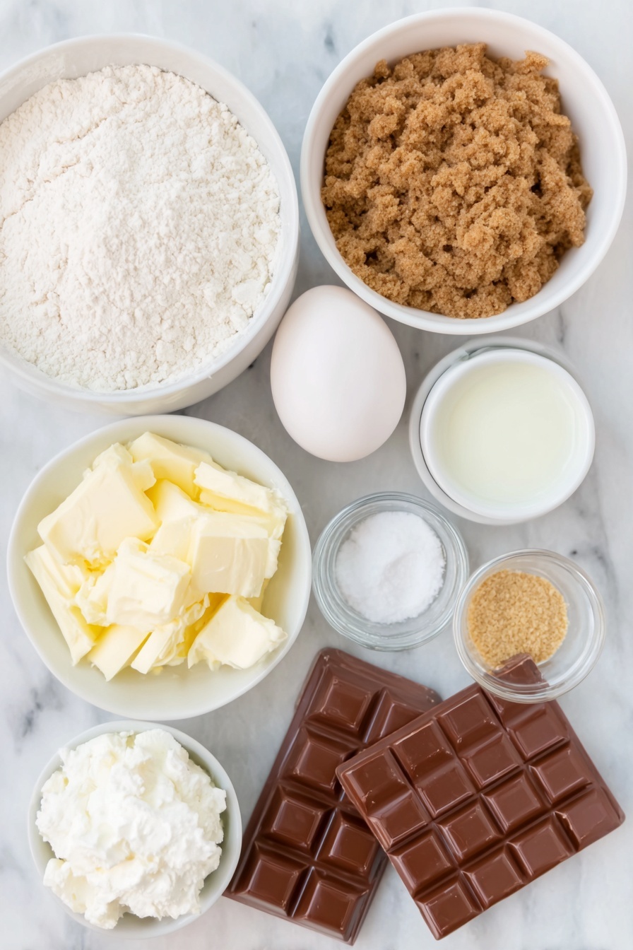 Gooey Cookie Butter S'mores Blondies, cookie butter blondies, s'mores dessert, easy blondie recipes, chewy marshmallow blondies - Flat lay of a small white ceramic bowl of melted unsalted butter, a few heaping tablespoons of brown sugar loosely piled on a white ceramic plate, one large whole egg with a clean shell, a small white ceramic bowl of clear vanilla extract, a small white ceramic bowl filled with all-purpose flour, a small white ceramic bowl with finely ground graham cracker crumbs, a pinch of salt and baking soda arranged as small white ceramic bowls of fine white powders, three unwrapped large rectangular milk chocolate bars broken into pieces, a small white ceramic bowl with creamy cookie butter, and a small white ceramic bowl of fluffy white marshmallow fluff, all arranged in perfect symmetry and balanced proportions, placed on a clean white marble surface, soft natural light, photo taken with an iPhone, professional food photography style, fresh ingredients, white ceramic bowls, no bottles, no duplicates, no utensils, no packaging --ar 2:3 --v 7 --p m7354615311229779997