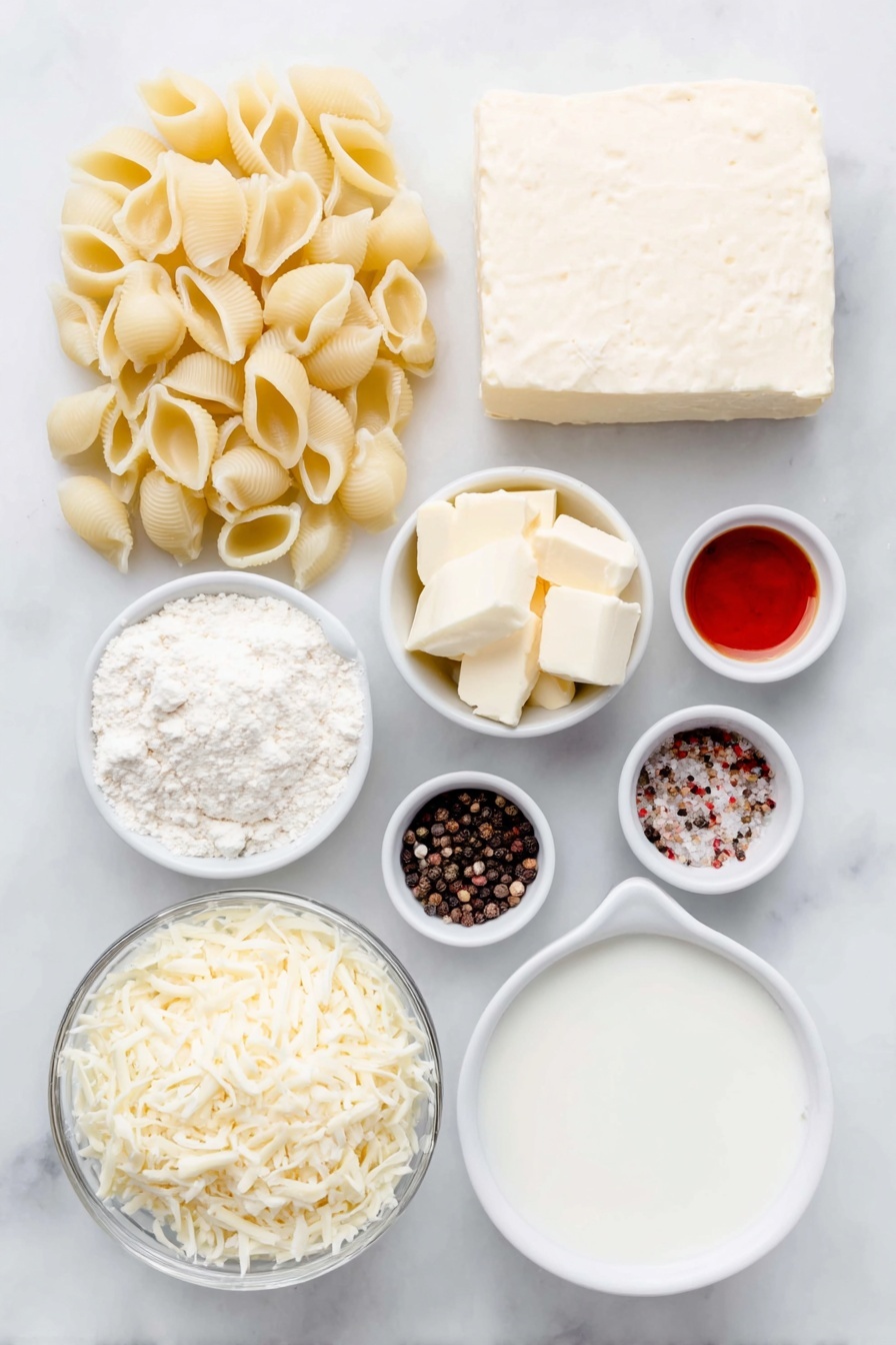 Copycat Panera Mac and Cheese, homemade cheesy pasta, creamy oven-baked mac and cheese, easy cheese comfort food, Panera-style cheesy mac - Flat lay of medium pasta shells in a small pile, a chunk of white cheddar block next to a small mound of shredded white cheddar cheese, a small white ceramic bowl of cubed butter, a small white ceramic bowl of white flour powder, a small white ceramic bowl filled with heavy cream, a small white ceramic bowl filled with whole milk, a small white ceramic bowl containing a pale yellow mustard powder, a small white ceramic bowl with a few drops of orange-red hot sauce, a small white ceramic bowl of coarse salt crystals, a small white ceramic bowl of whole black peppercorns, all arranged symmetrically and balanced on a clean white marble surface, soft natural light, photo taken with an iPhone, professional food photography style, fresh ingredients, white ceramic bowls, no bottles, no duplicates, no utensils, no packaging --ar 2:3 --v 7 --p m7354615311229779997