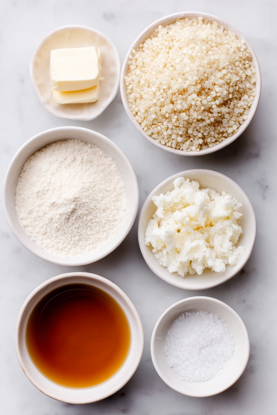 Garlic Butter Quinoa, garlic butter quinoa side dish, easy garlic quinoa recipe, savory quinoa recipes, quick vegetarian quinoa - Flat lay of a small mound of uncooked white quinoa grains, a few curls of creamy vegan butter, a small white bowl filled with pale off-white garlic powder, a small white bowl of coarse sea salt crystals, and a small white bowl containing golden vegetable broth, all arranged in perfect symmetry on a clean white ceramic surface, placed on a clean white marble surface, soft natural light, photo taken with an iPhone, professional food photography style, fresh ingredients, white ceramic bowls, no bottles, no duplicates, no utensils, no packaging --ar 2:3 --v 7 --p m7354615311229779997