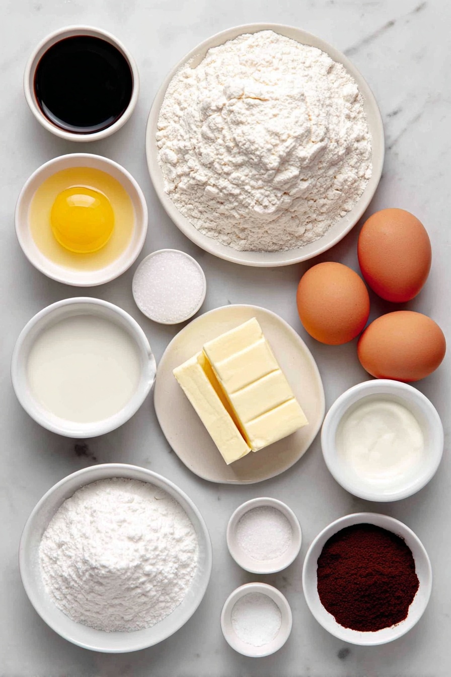 Cinnamon Roll Cake, easy cinnamon roll cake, moist cinnamon cake, cinnamon swirl cake, breakfast cake recipes - Flat lay of a small pile of all-purpose flour on a white ceramic plate, a tablespoon of golden baking powder in a small white bowl, a pinch of coarse salt in another small white bowl, a mound of granulated sugar on a white plate, a small white bowl with melted unsalted butter shimmering, a small white bowl of whole milk, two large whole brown eggs with clean shells arranged side by side, a small white bowl holding clear vanilla extract, a small white bowl with packed light brown sugar, a softened slab of unsalted butter on a white plate, a tablespoon of pale all-purpose flour on a white plate, a small white bowl filled with warm ground cinnamon powder, a small white bowl containing powdered sugar, a smaller white bowl with milk for glaze, and a tiny white bowl with vanilla extract—all ingredients shown fresh and natural, perfectly arranged in balanced, symmetrical composition placed on a clean white marble surface, soft natural light, photo taken with an iPhone, professional food photography style, fresh ingredients, white ceramic bowls, no bottles, no duplicates, no utensils, no packaging --ar 2:3 --v 7 --p m7354615311229779997