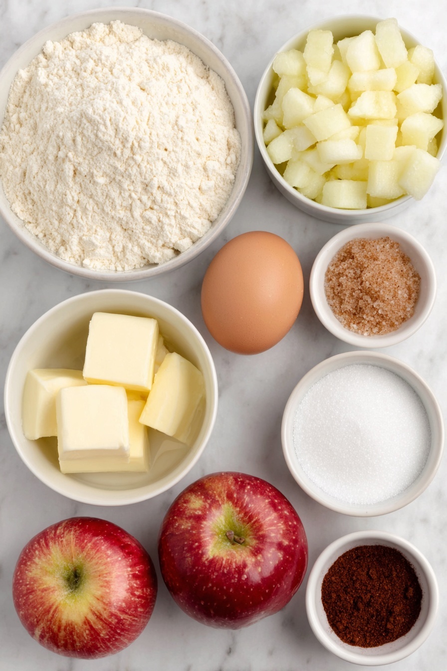 Mini Apple Pies in Muffin Tins, bite-sized apple pies, homemade mini apple pies, easy apple pie desserts, individual apple pies - Flat lay of all-purpose flour in a small white ceramic bowl, minced fresh rosemary sprigs, white sugar in a small white bowl, fine salt in a small white bowl, cold unsalted butter cut into cubes, ice water in a small white bowl, peeled and diced small fresh apples, light brown sugar in a small white bowl, ground cinnamon in a small white bowl, large whole uncracked egg with clean shell, sanding sugar crystals in a small white bowl, arranged with perfect symmetry on a clean white marble surface, soft natural light, photo taken with an iPhone, professional food photography style, fresh ingredients, white ceramic bowls, no bottles, no duplicates, no utensils, no packaging --ar 2:3 --v 7 --p m7354615311229779997