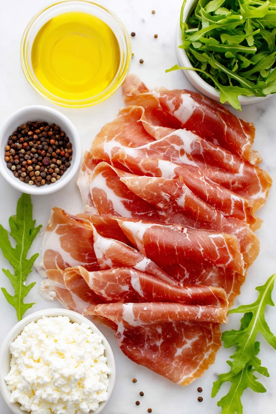 Fig and Prosciutto Roll-Ups, Fig and Prosciutto appetizer, easy fig prosciutto snacks, elegant appetizer ideas, prosciutto and goat cheese bites - Flat lay of thick sliced prosciutto slices arranged flat, a small mound of soft lemon chèvre goat cheese, a small white bowl with dark fig preserves, fresh vibrant green arugula leaves, a small white bowl of golden extra virgin olive oil, a small white bowl with clear fresh lemon juice, whole black peppercorns scattered neatly beside, placed on a clean white marble surface, soft natural light, photo taken with an iPhone, professional food photography style, fresh ingredients, white ceramic bowls, no bottles, no duplicates, no utensils, no packaging --ar 2:3 --v 7 --p m7354615311229779997