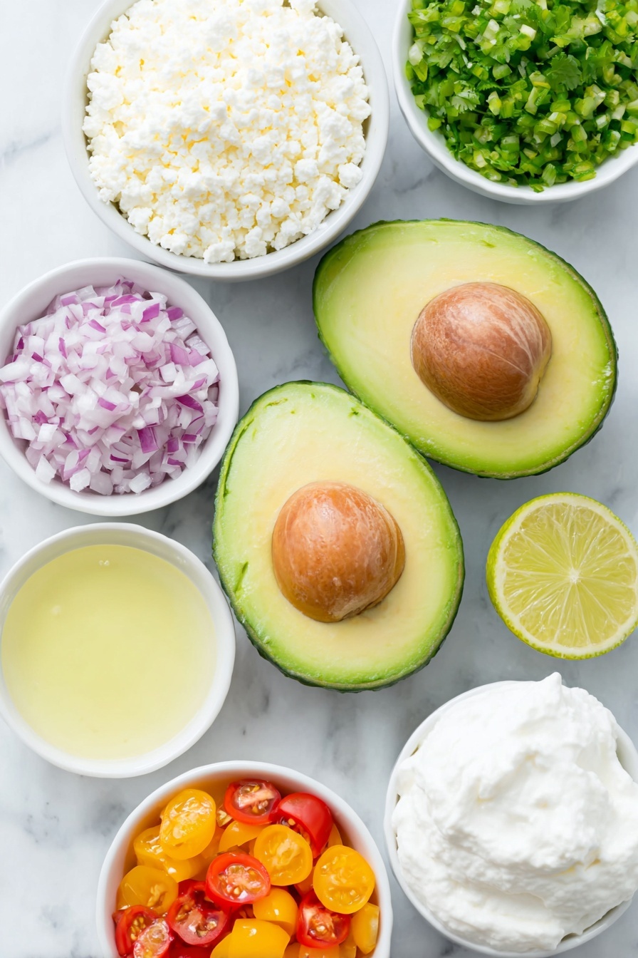 Guacamole with Creamy Cotija and Confetti Salsa, easy guacamole dip, festive party dip, Mexican-inspired chip dip, fresh salsa with cotija cheese - Flat lay of two ripe avocados halved with pit removed, a small white bowl of freshly squeezed lime juice, a small white bowl of fresh lemon juice, a small white bowl of kosher salt, a few sprigs of bright green minced cilantro, a small heap of finely chopped red onion, a small pile of minced green jalapeno pepper, a small white bowl filled with rich sour cream, a small white bowl of finely crumbled white cotija cheese, a small white bowl of creamy mascarpone cheese, a small white bowl of small diced red, orange, and yellow bell peppers, a small white bowl of halved bright red cherry tomatoes, placed on a clean white marble surface, soft natural light, photo taken with an iPhone, professional food photography style, fresh ingredients, white ceramic bowls, no bottles, no duplicates, no utensils, no packaging --ar 2:3 --v 7 --p m7354615311229779997