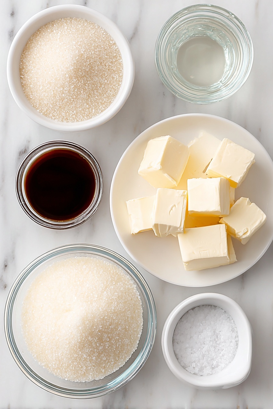 Homemade Caramel Sauce, easy caramel sauce, caramel topping recipe, how to make caramel from scratch, luscious caramel drizzle - Flat lay of a small white ceramic bowl of granulated sugar, a small white ceramic bowl of clear water, several pieces of unsalted butter cut into chunks on a simple white ceramic plate, a small white ceramic bowl filled with fresh heavy cream, a small white ceramic bowl with clear vanilla extract, and a small pinch of coarse salt on a white ceramic dish, all arranged with perfect symmetry and realistic proportions, placed on a clean white marble surface, soft natural light, photo taken with an iPhone, professional food photography style, fresh ingredients, white ceramic bowls, no bottles, no duplicates, no utensils, no packaging --ar 2:3 --v 7 --p m7354615311229779997