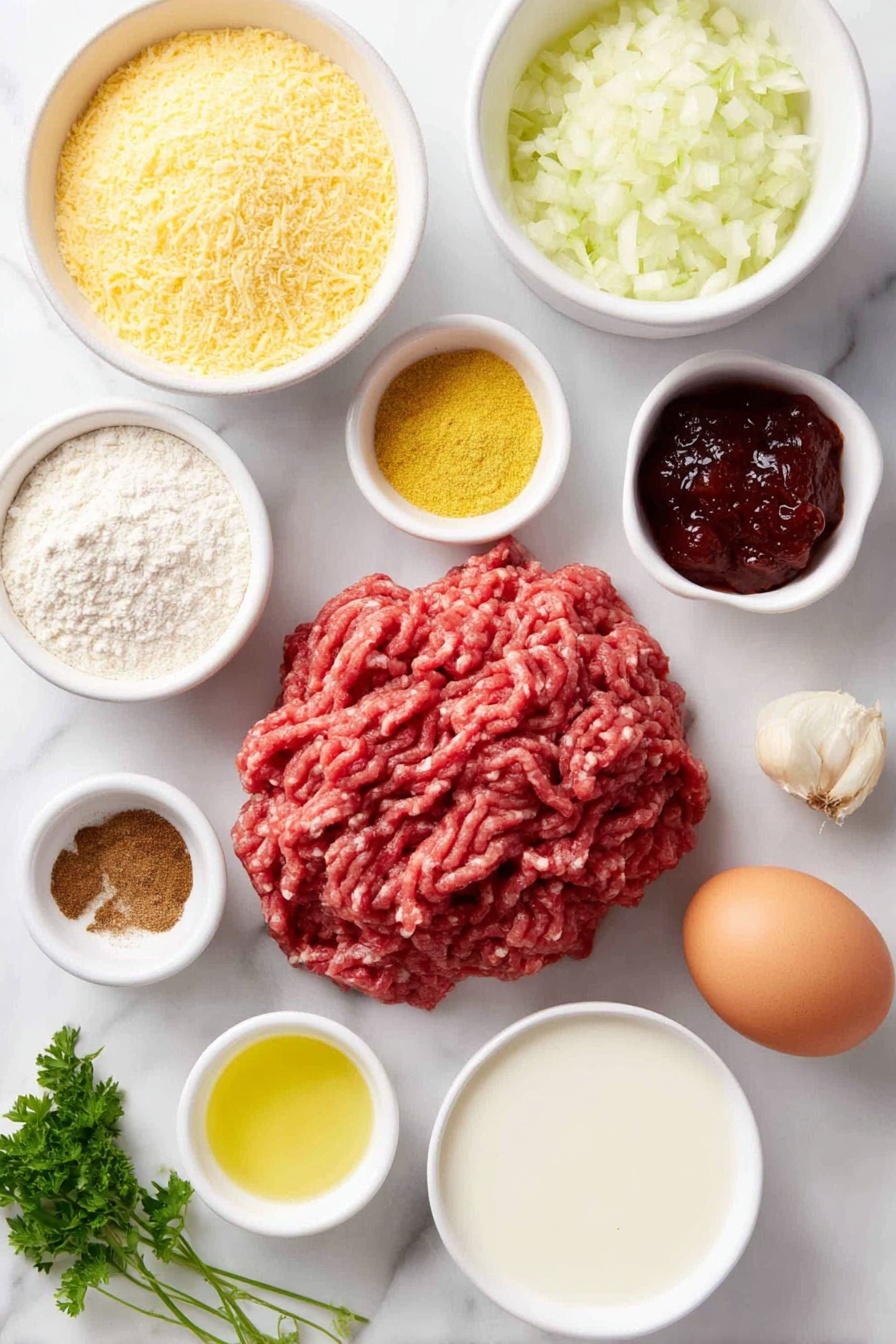 Swedish Meatballs with Creamy Gravy, Swedish Meatballs, Creamy Gravy Recipe, Comfort Food Recipes, Easy Swedish Meatballs - Flat lay of fresh ground beef shaped loosely in a small mound, a small white ceramic bowl filled with golden breadcrumbs, a small white ceramic bowl holding finely chopped white onion, one peeled garlic clove resting whole, a few sprigs of fresh green parsley, a small white ceramic bowl containing bright yellow ground nutmeg powder, a small white ceramic bowl with warm brown allspice powder, a small white ceramic bowl filled with coarse black pepper, one large whole brown egg with a clean shell, a small white ceramic bowl of creamy whole milk, a small white ceramic bowl with clear golden cooking oil, a small white ceramic bowl filled with softened pale yellow butter, a small white ceramic bowl holding white flour, a small white ceramic bowl containing rich brown beef broth, a small white ceramic bowl of smooth Dijon mustard pale yellow in color, a small white ceramic bowl with vibrant red lingonberry jam, all ingredients evenly spaced and symmetrically arranged on a clean white marble surface, soft natural light, photo taken with an iPhone, professional food photography style, fresh ingredients, white ceramic bowls, no bottles, no duplicates, no utensils, no packaging --ar 2:3 --v 7 --p m7354615311229779997